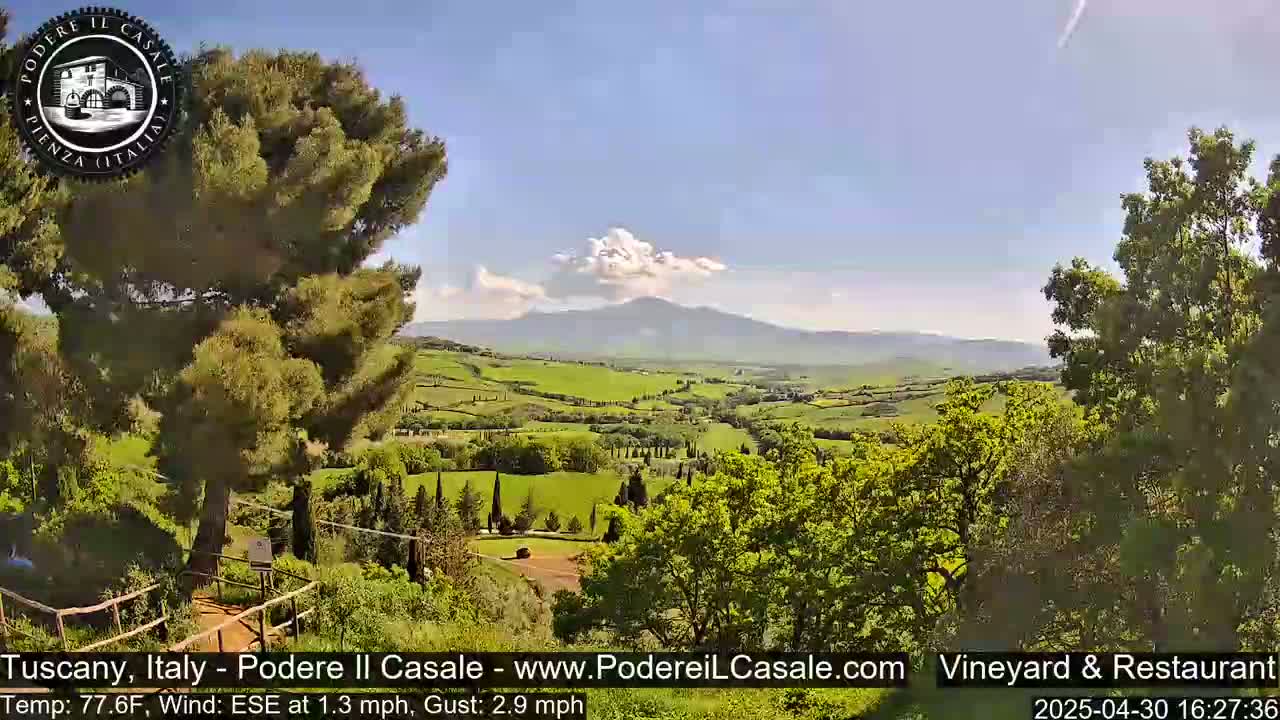 A picturesque Tuscan landscape unfolds under a partly cloudy sky, showcasing rolling green hills, a distant mountain range, and lush green trees.