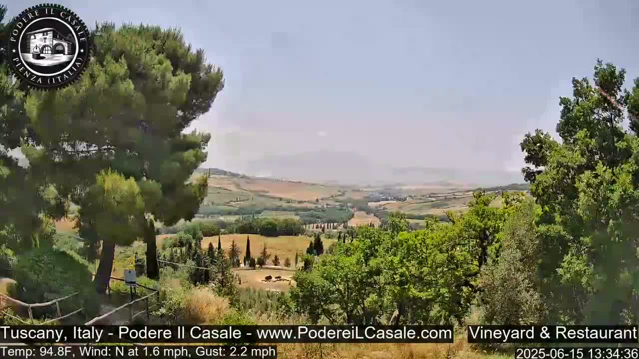 A panoramic view of a Tuscan landscape on a clear, sunny day shows rolling hills covered in greenery and trees, with a distant horizon.