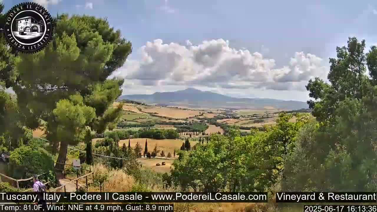 A partly cloudy sunny day reveals a sprawling Tuscan landscape of rolling hills, vineyards, and olive groves, with mountains in the distance.