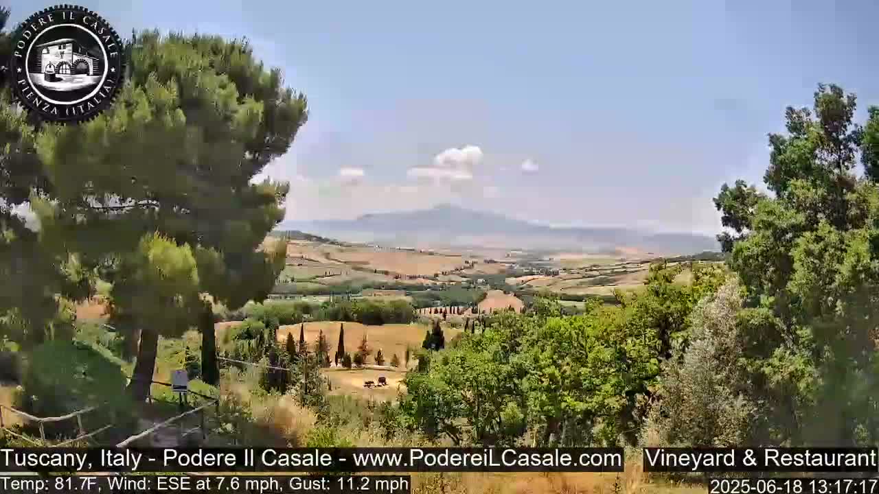 A sunny view of rolling hills and vineyards under a partly cloudy sky.