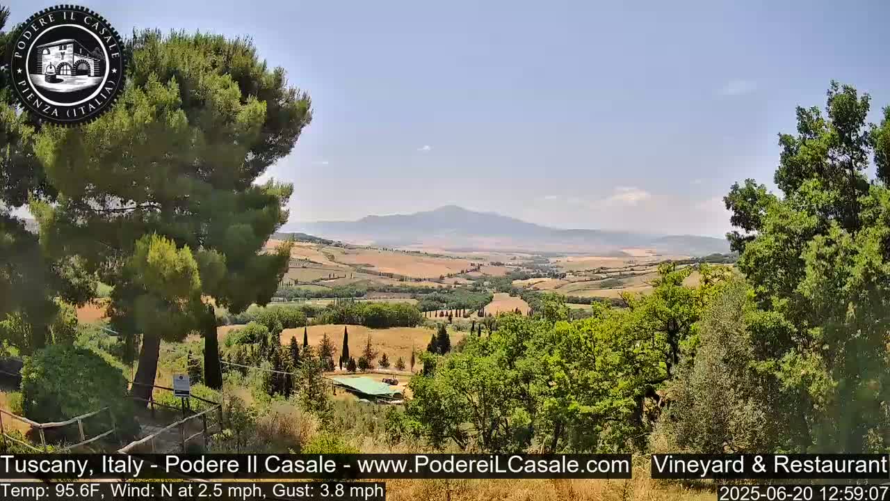 A panoramic view of rolling hills and vineyards under a clear, sunny sky.