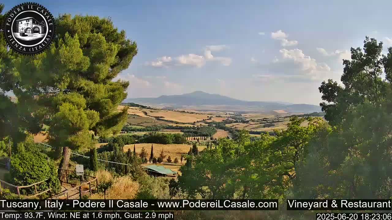 A partly cloudy sky overlooks a sun-drenched Tuscan landscape of rolling hills, vineyards, and trees, with a gentle northeast wind.