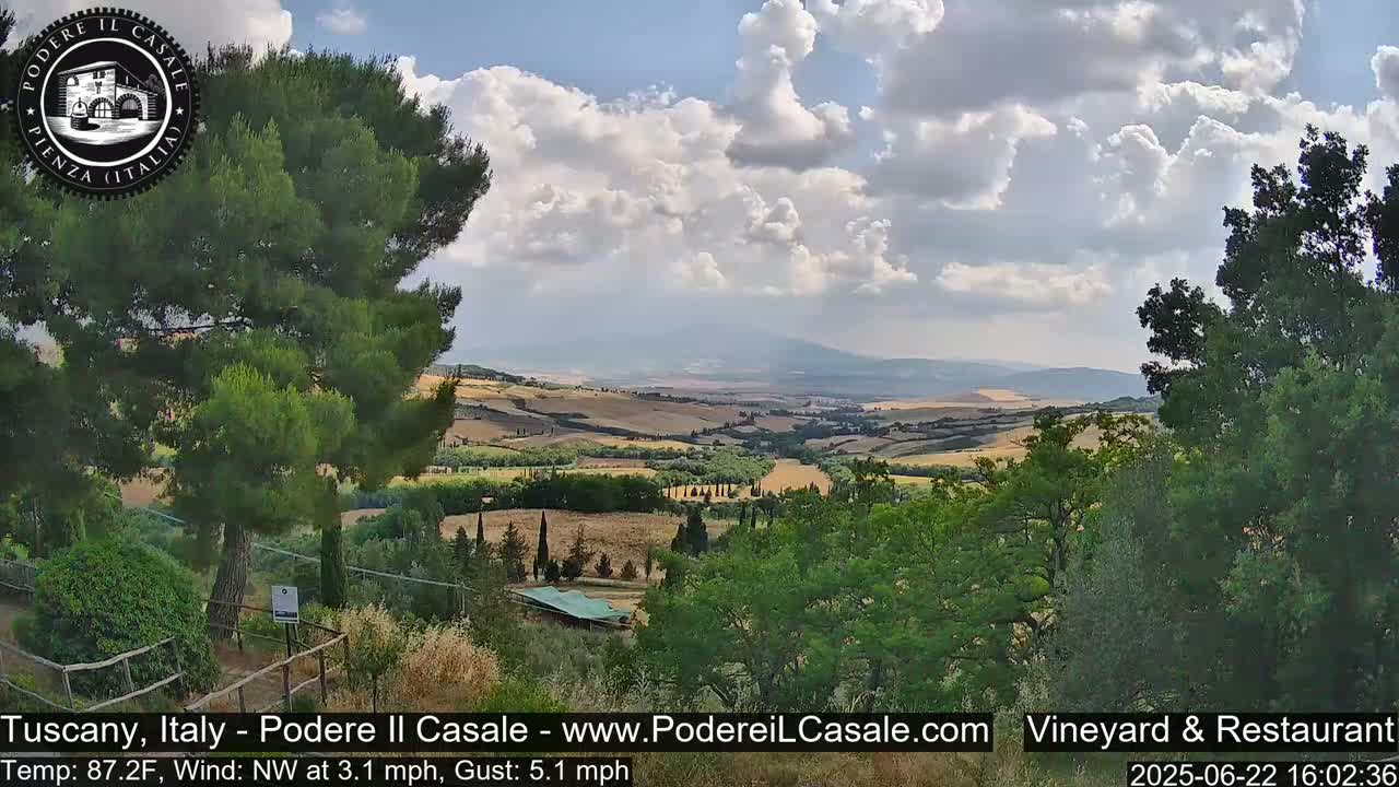 A partly cloudy sky overlooks a Tuscan landscape of rolling hills, vineyards, and trees.