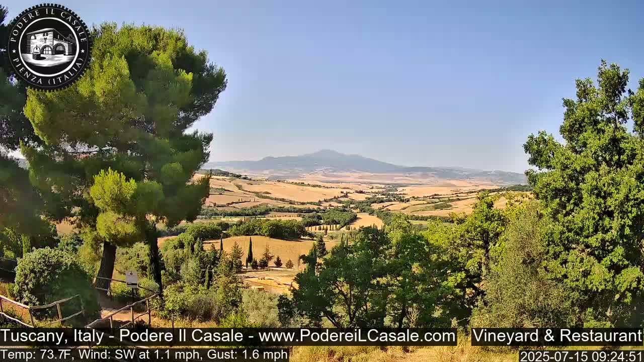 A sunny view of rolling hills and farmland extends to a distant mountain range under a clear blue sky.