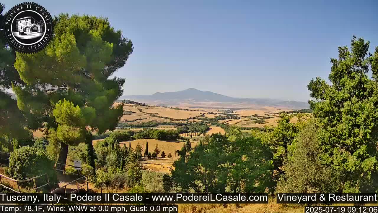 A sunny, windless vista of rolling Tuscan hills, dotted with trees and fields, extends to a distant mountain range.
