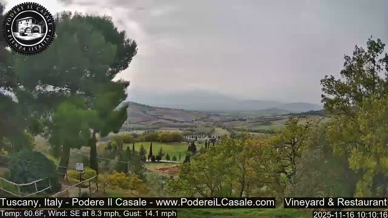 The image displays a panoramic view of a rural, hilly landscape characterized by rolling fields, scattered trees, and distant mountains, all beneath an overcast sky.