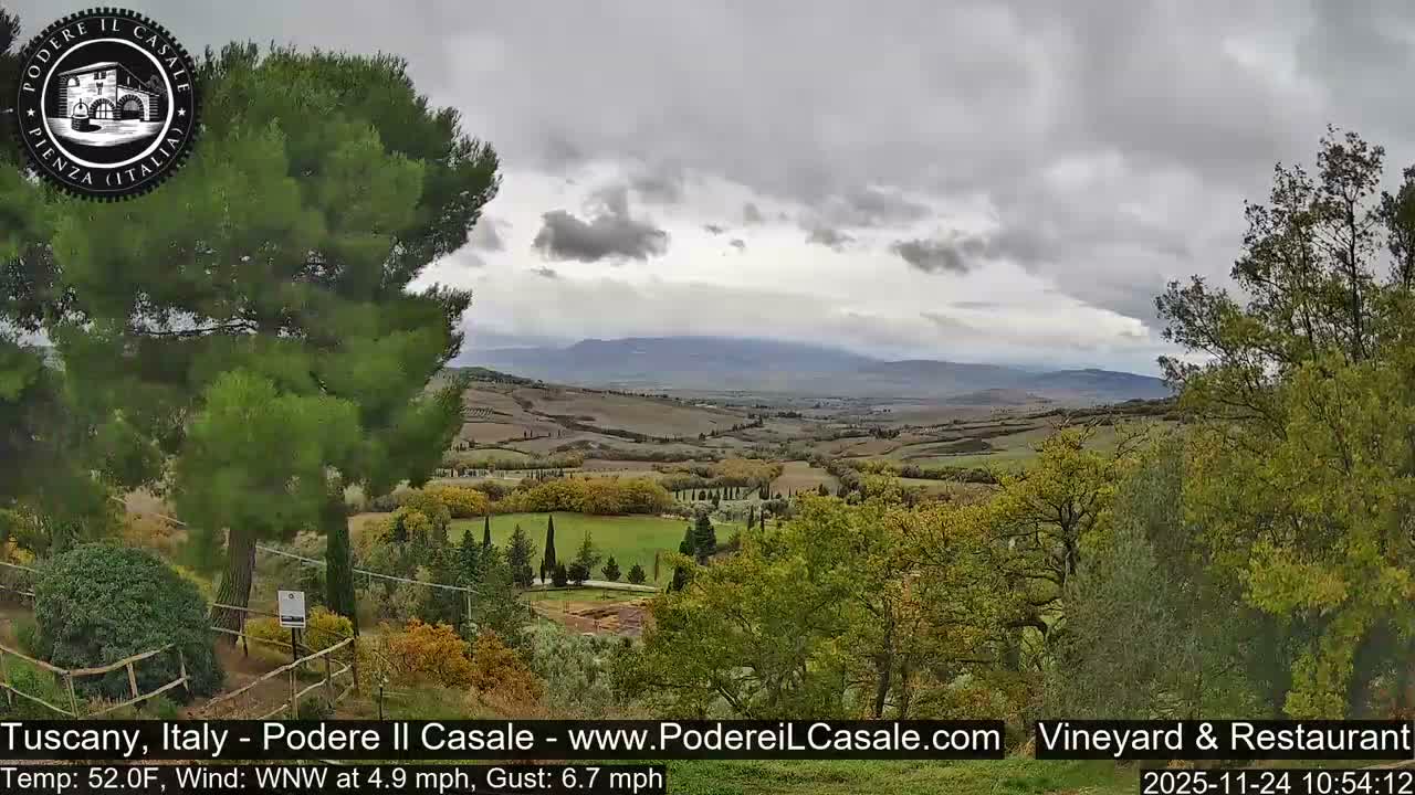 A vast, cloudy landscape stretches across rolling hills and cultivated fields dotted with diverse trees in shades of green and autumn colors, all under an overcast sky.
