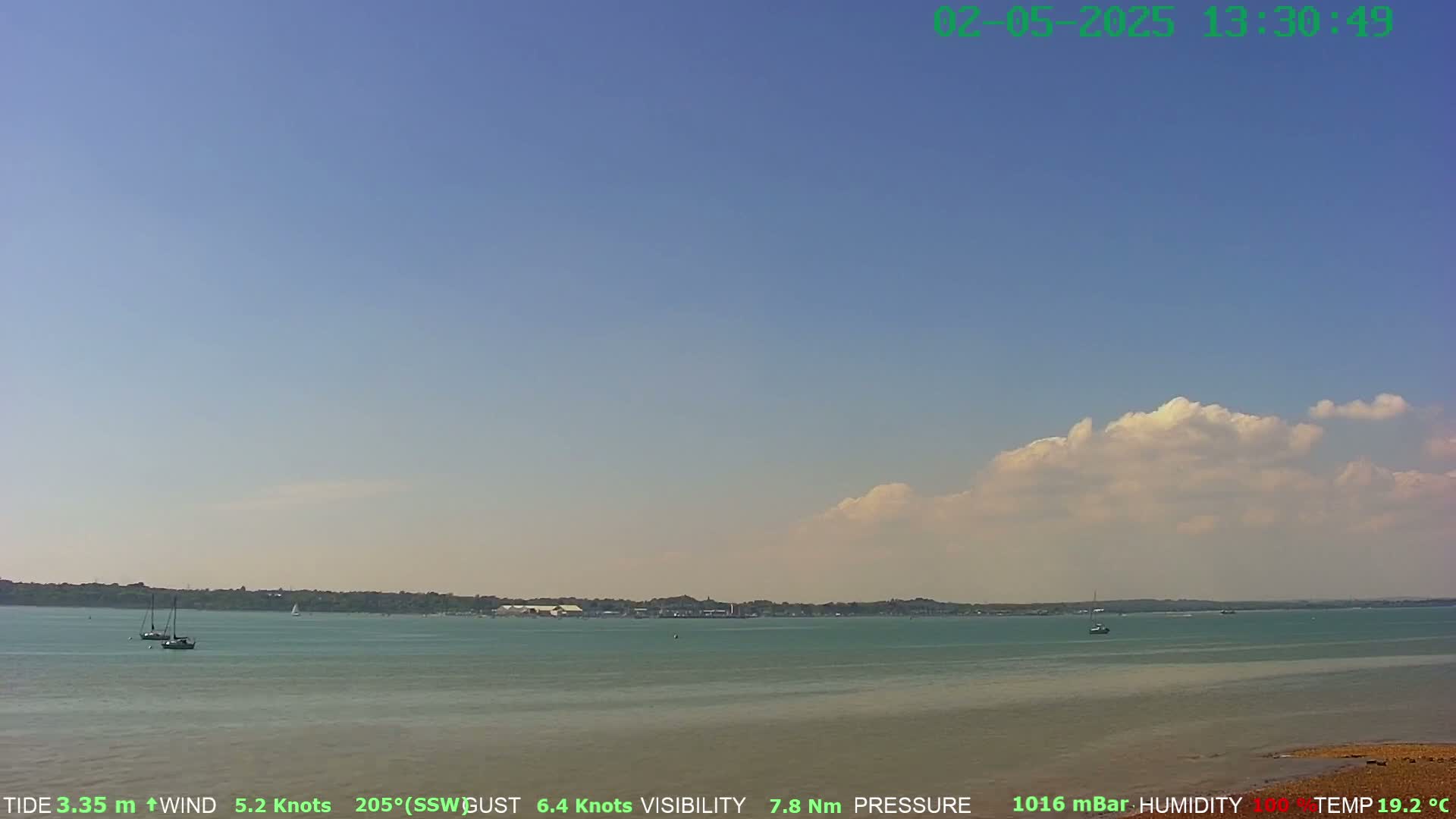 A calm body of water under a mostly clear sky with a single, fluffy cloud formation in the distance, showcasing a few sailboats and a shoreline in the background.