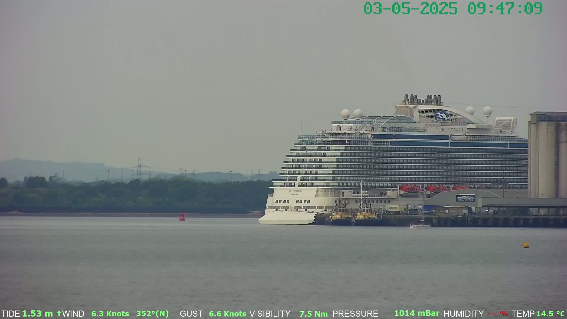 A large cruise ship is docked at a port on a calm, overcast day.