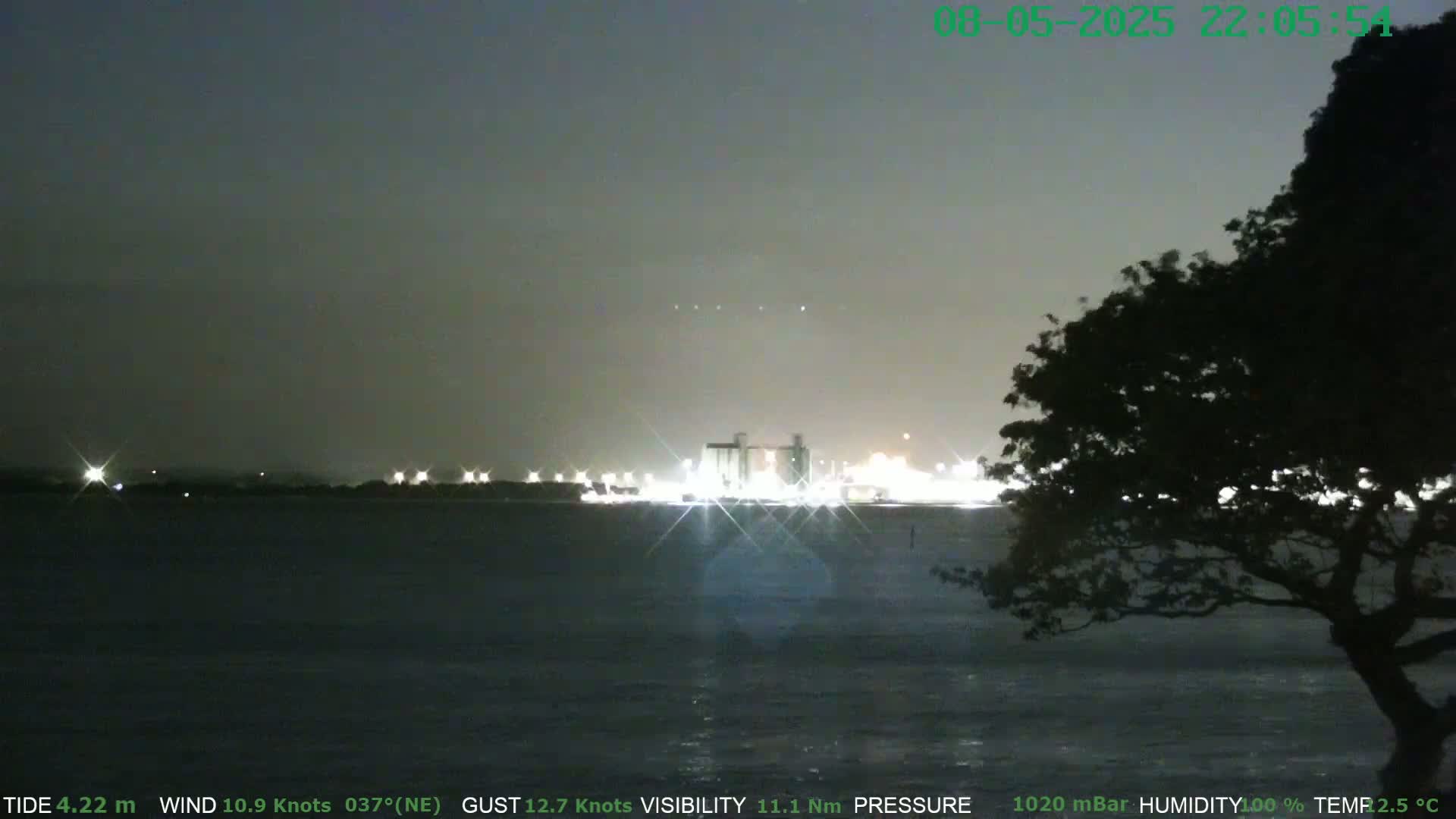At night, under a dark sky with a 10.9 knot wind from the northeast, a body of water reflects the lights of a distant industrial area, partially obscured by a silhouetted tree.