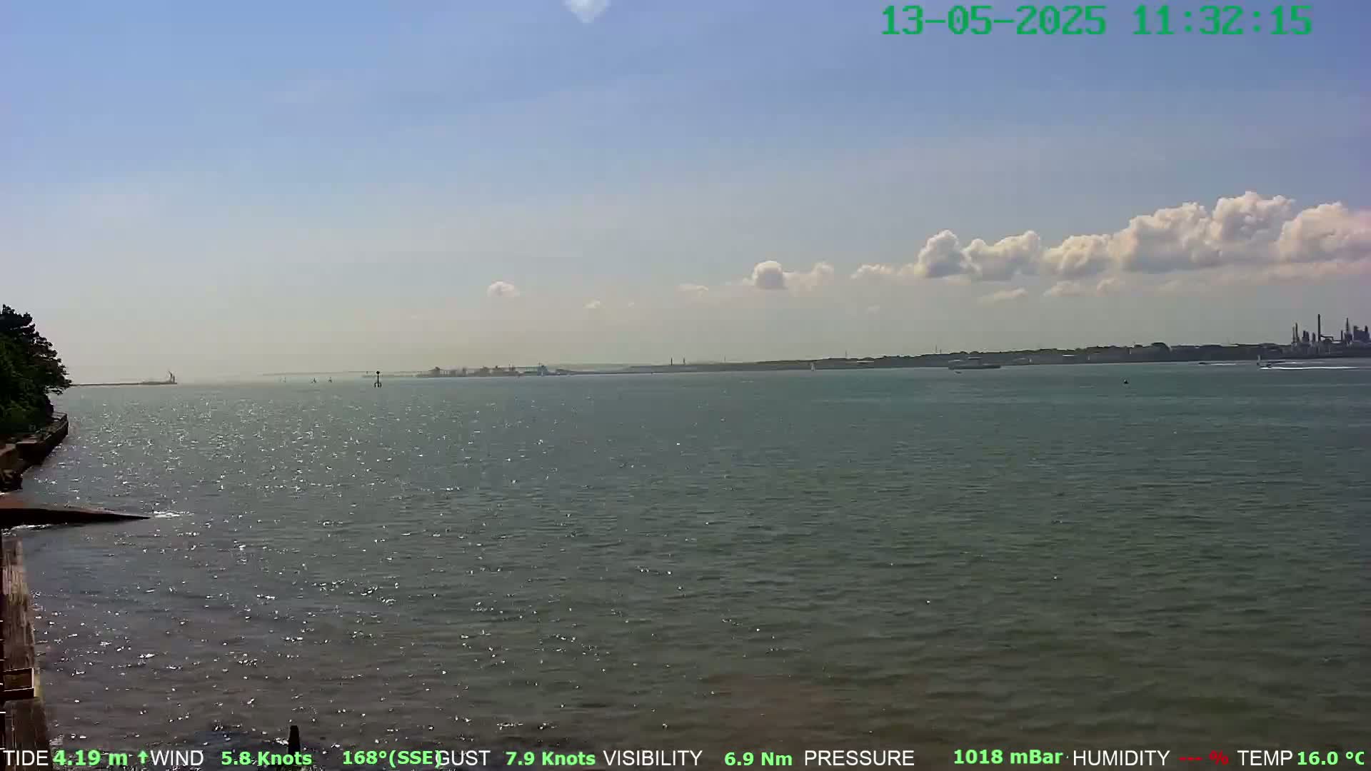 A partly cloudy day shows a wide expanse of calm water, with a distant shoreline featuring industrial structures and a few sailboats.