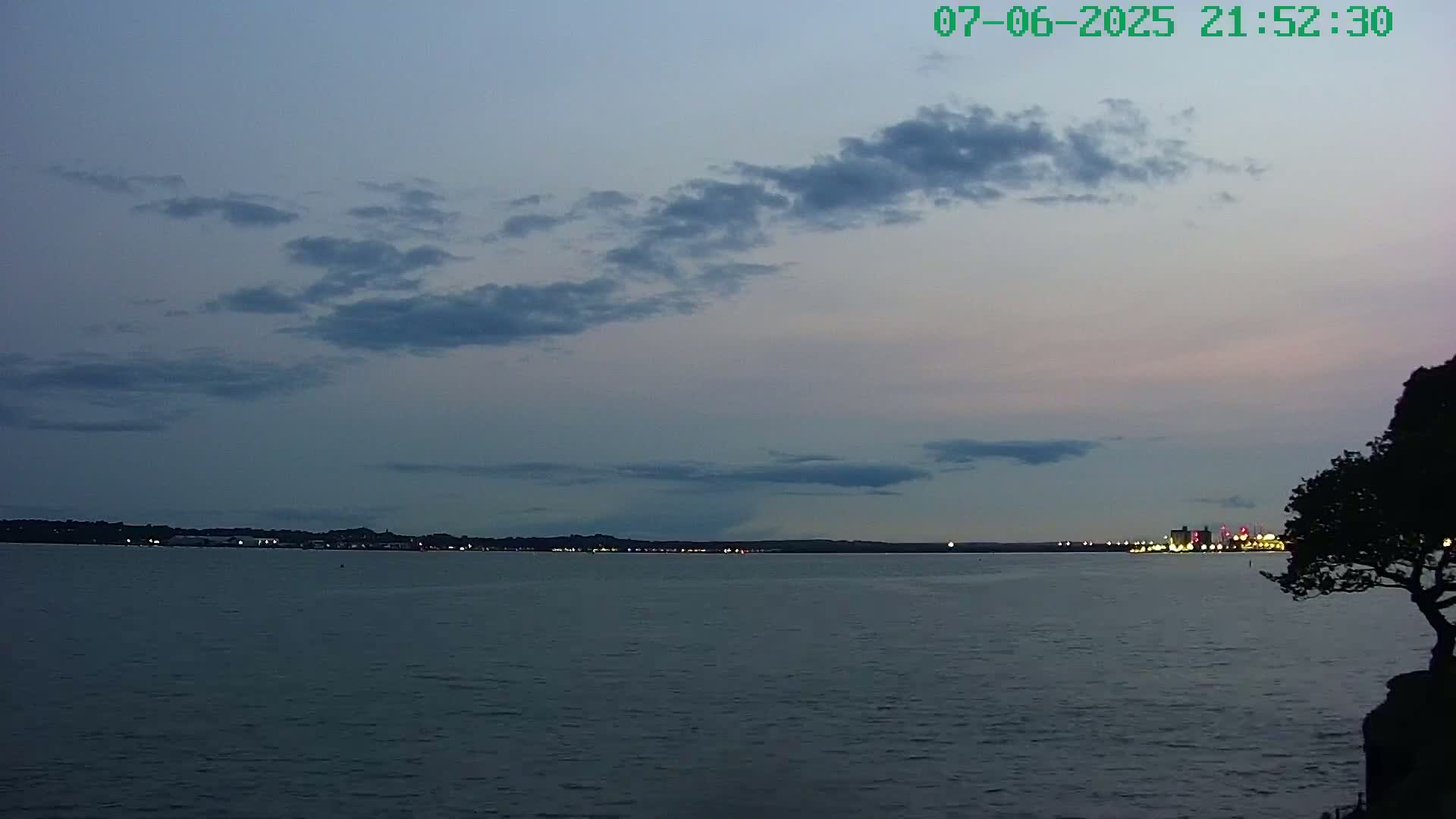 A calm body of water at twilight under a partly cloudy sky, with a distant shoreline featuring lights and a silhouetted tree in the foreground.