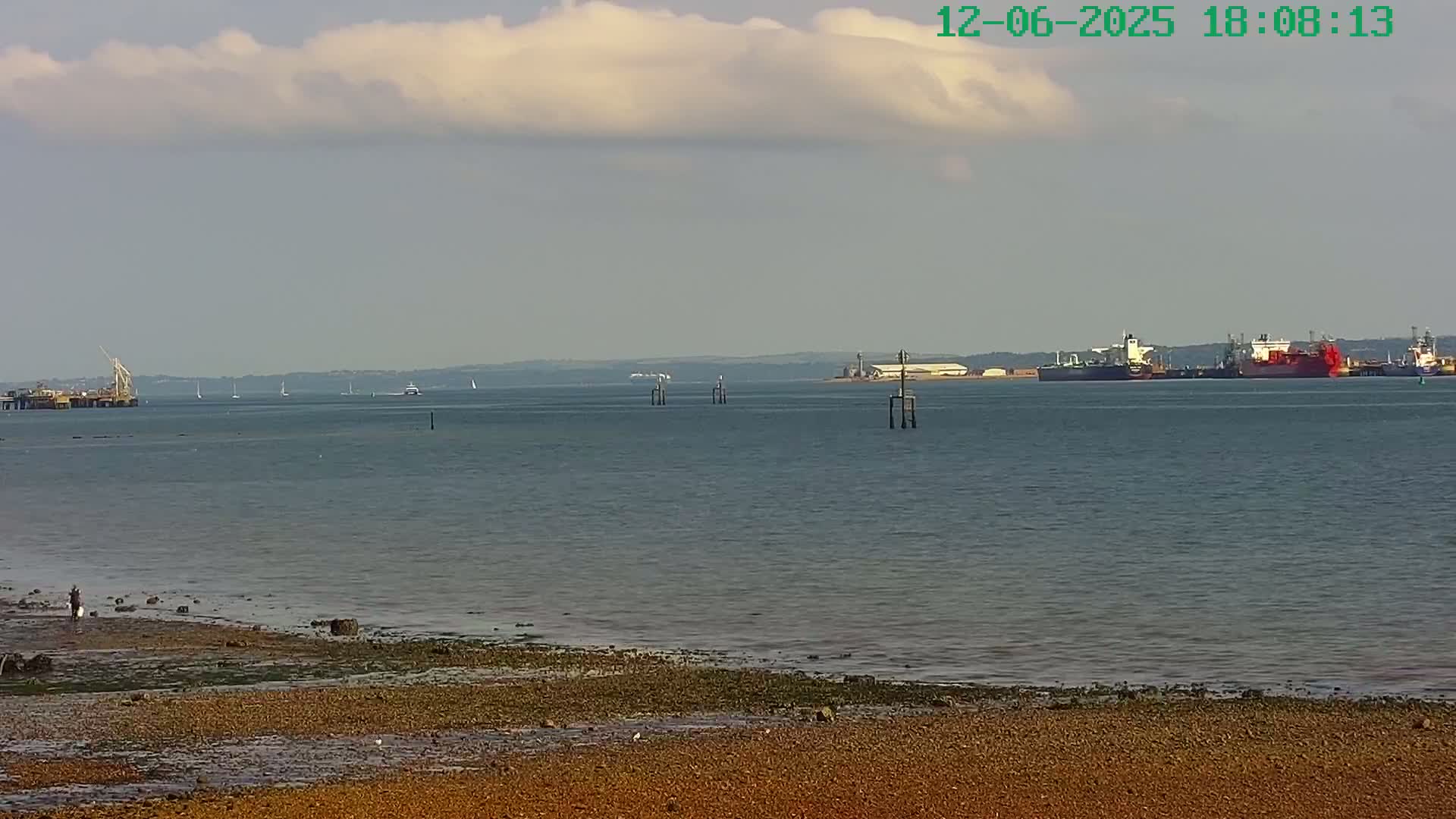A partly cloudy day shows a calm body of water with several ships in the distance and a sandy shore in the foreground.