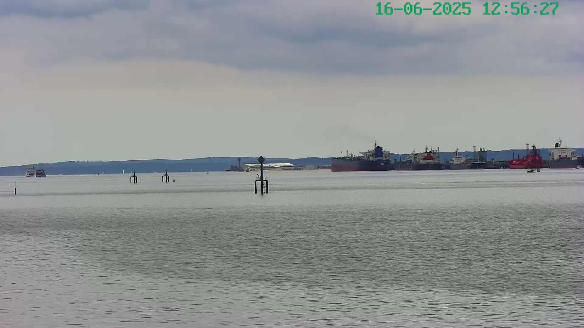 Several large ships are moored in calm, gray water under an overcast sky, with a distant shoreline visible in the background.