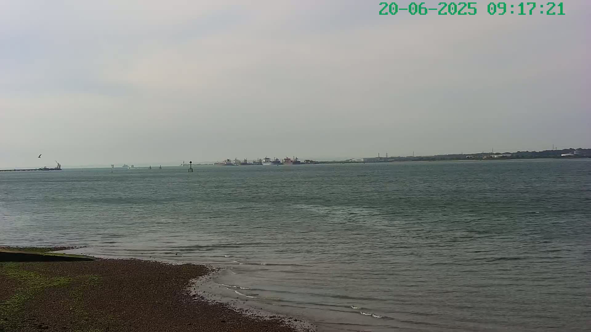 A calm, overcast day shows a shoreline with a pebbly beach and a view of several ships on the water in the distance.