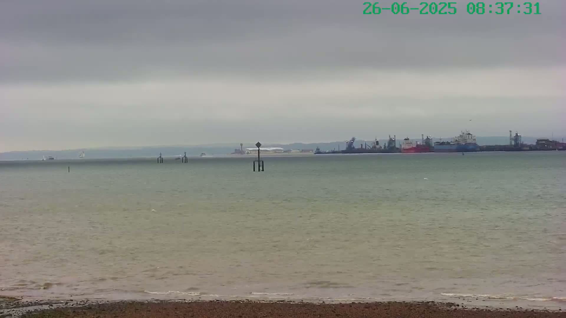 A calm, overcast day shows a view of a shoreline with several ships visible in the distance across a body of water.