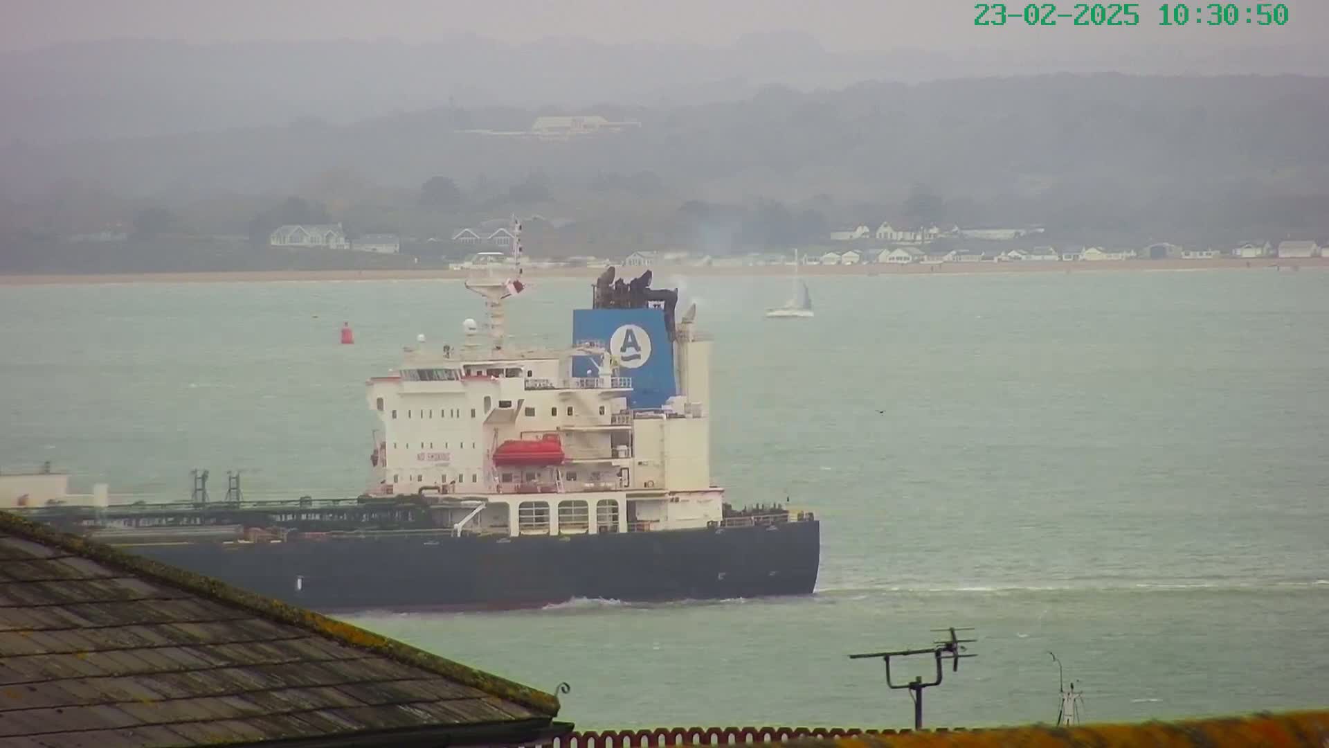 A large cargo ship sails on a calm, overcast body of water near a distant shoreline.