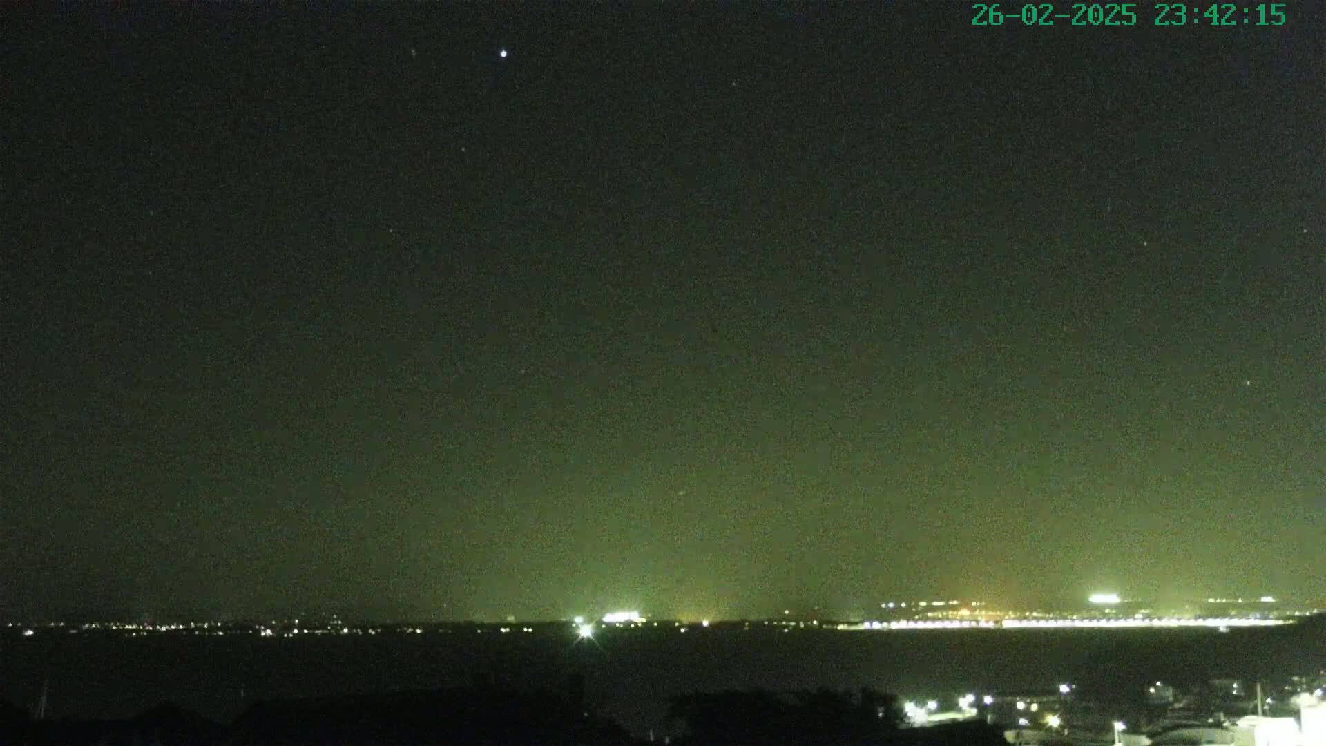 A nighttime long shot shows a dark, clear sky with a few stars above a distant city skyline illuminated by lights across a body of water.