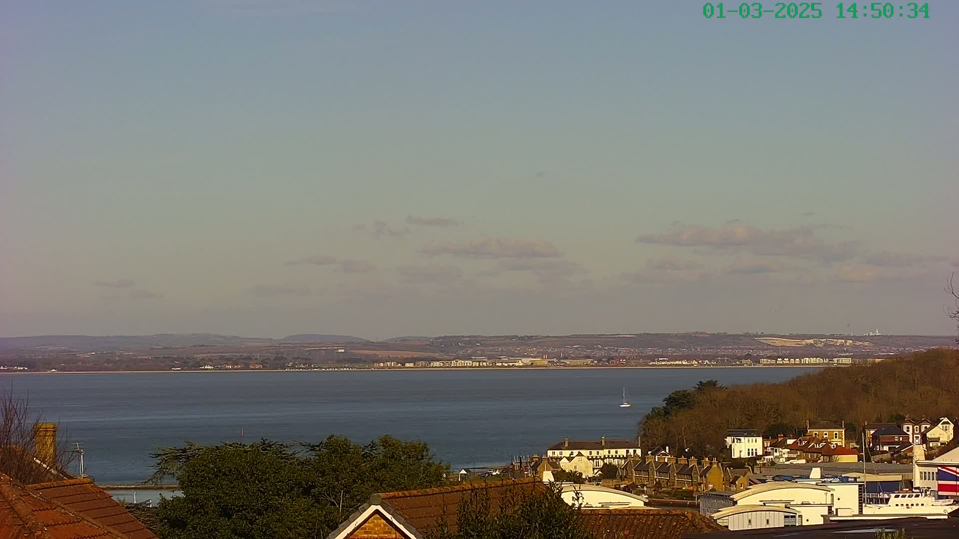 A mostly clear sky with a few clouds overlooks a calm body of water, with a distant town visible across the water and a closer town with houses and buildings nestled amongst trees in the foreground.