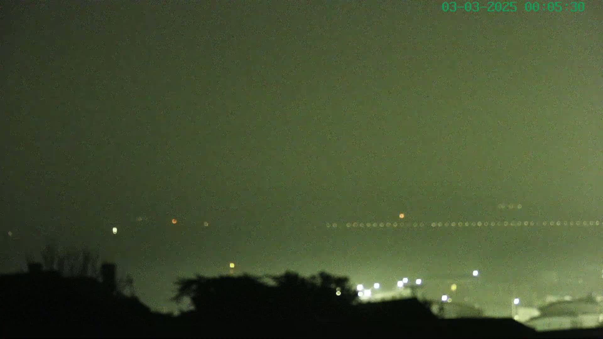 A hazy, dark night scene shows distant lights on the horizon, and silhouetted trees and buildings in the foreground.
