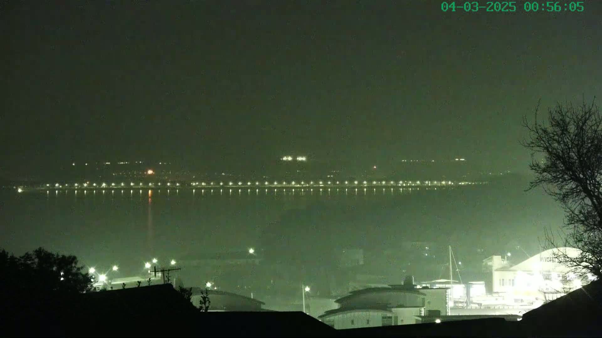 A nighttime view of a hazy body of water with lights lining the far shore,  and buildings and a tree silhouetted in the foreground.