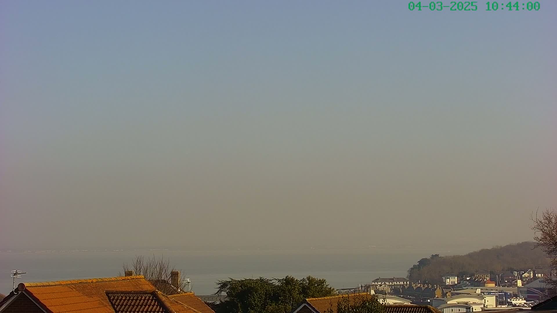 A hazy view of a calm body of water stretches to the horizon behind rooftops and trees.