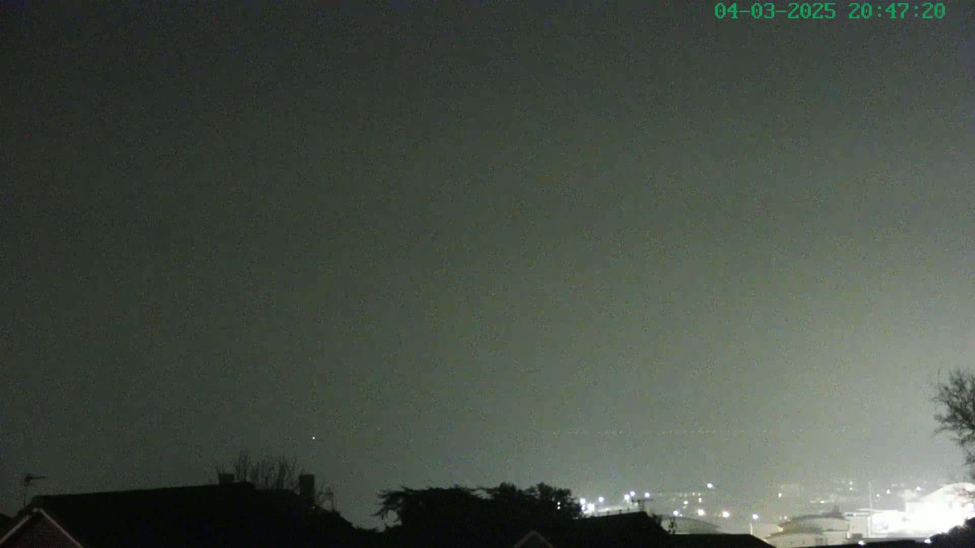 A hazy, dark night sky is visible above a row of dark rooftops and distant, faintly lit buildings.