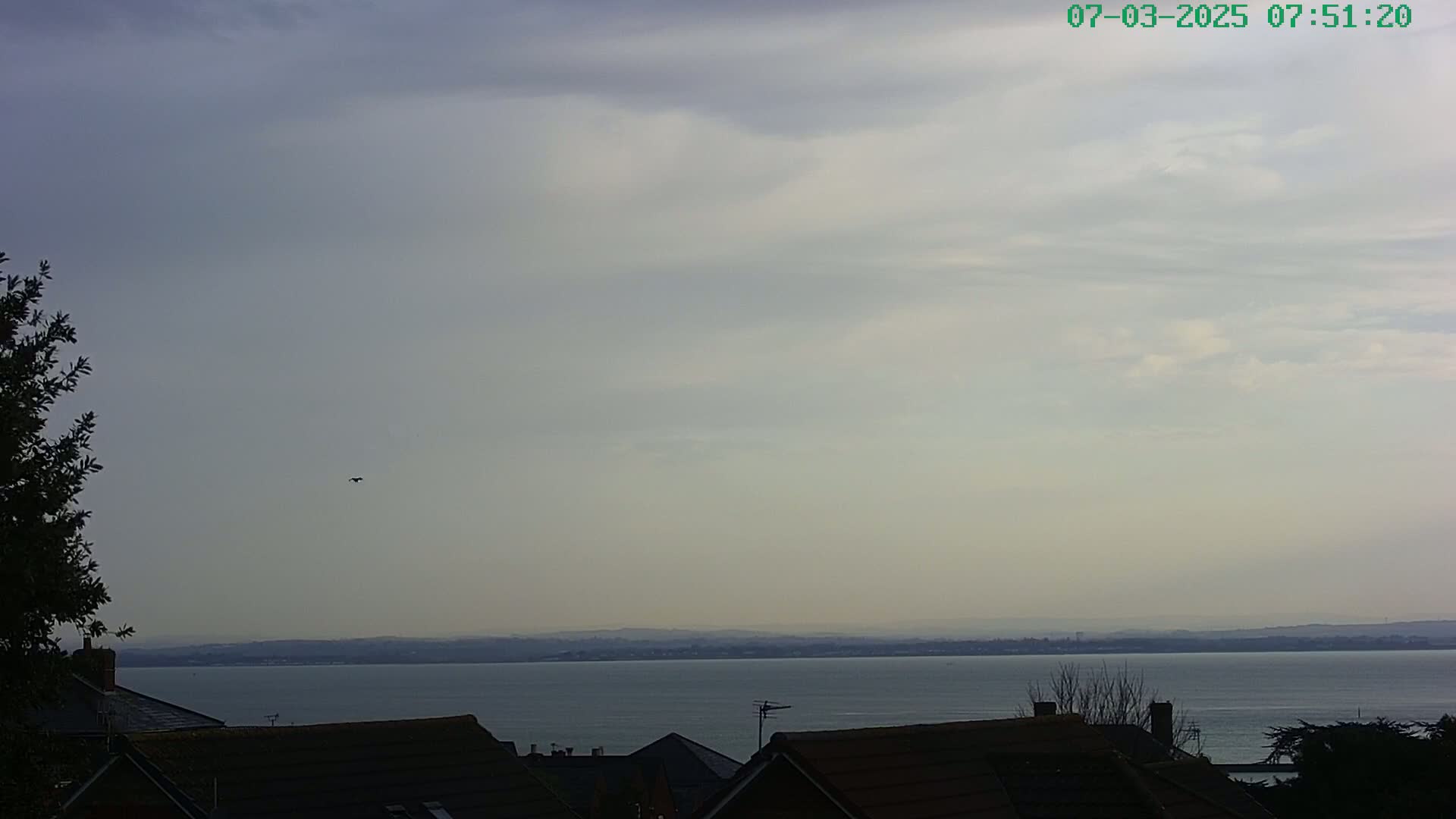 A calm body of water stretches to a hazy horizon under a mostly cloudy sky, with rooftops and a small tree visible in the foreground.