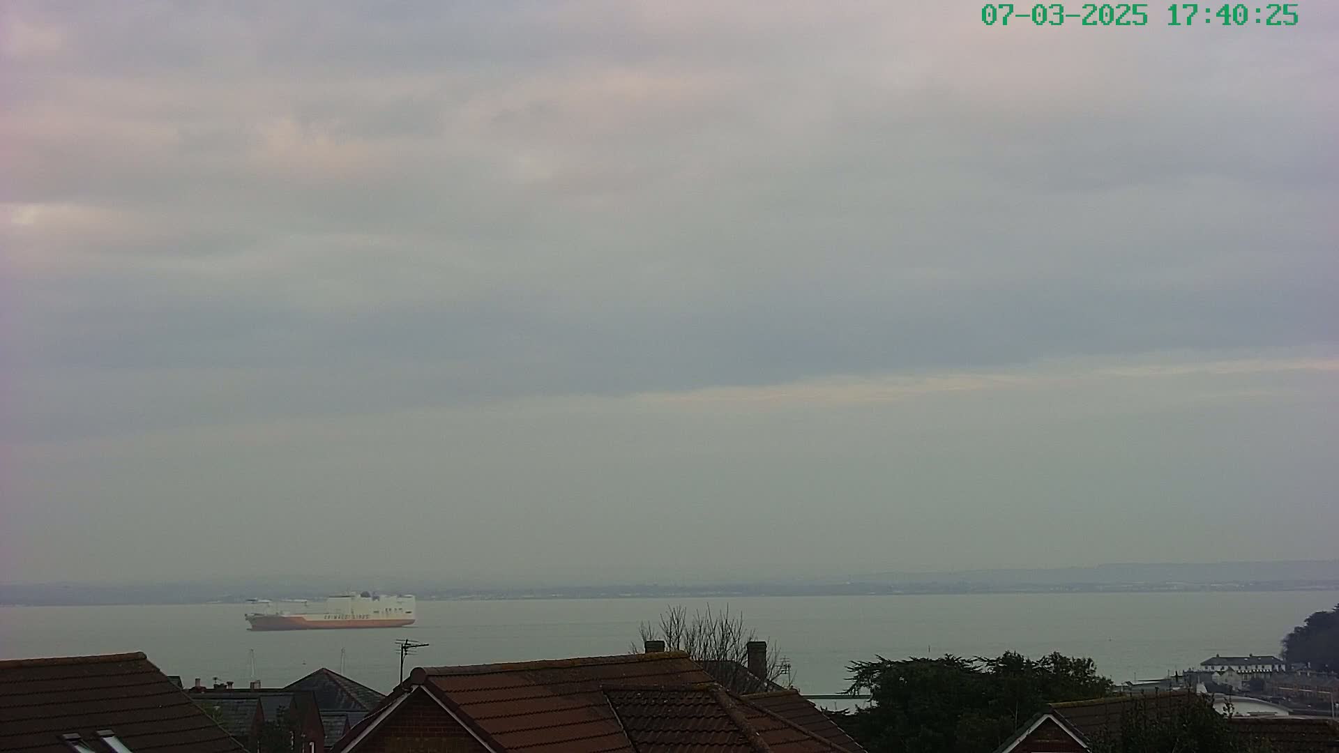 A large cargo ship is visible on a calm, overcast body of water, viewed from behind the rooftops of houses.