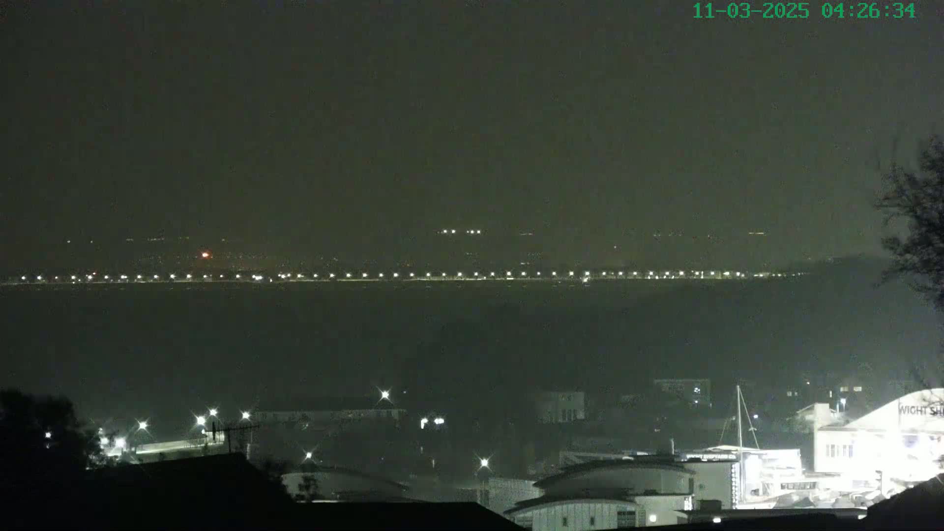 A hazy night scene shows a distant line of lights across water, with a closer view of dimly lit buildings and trees.