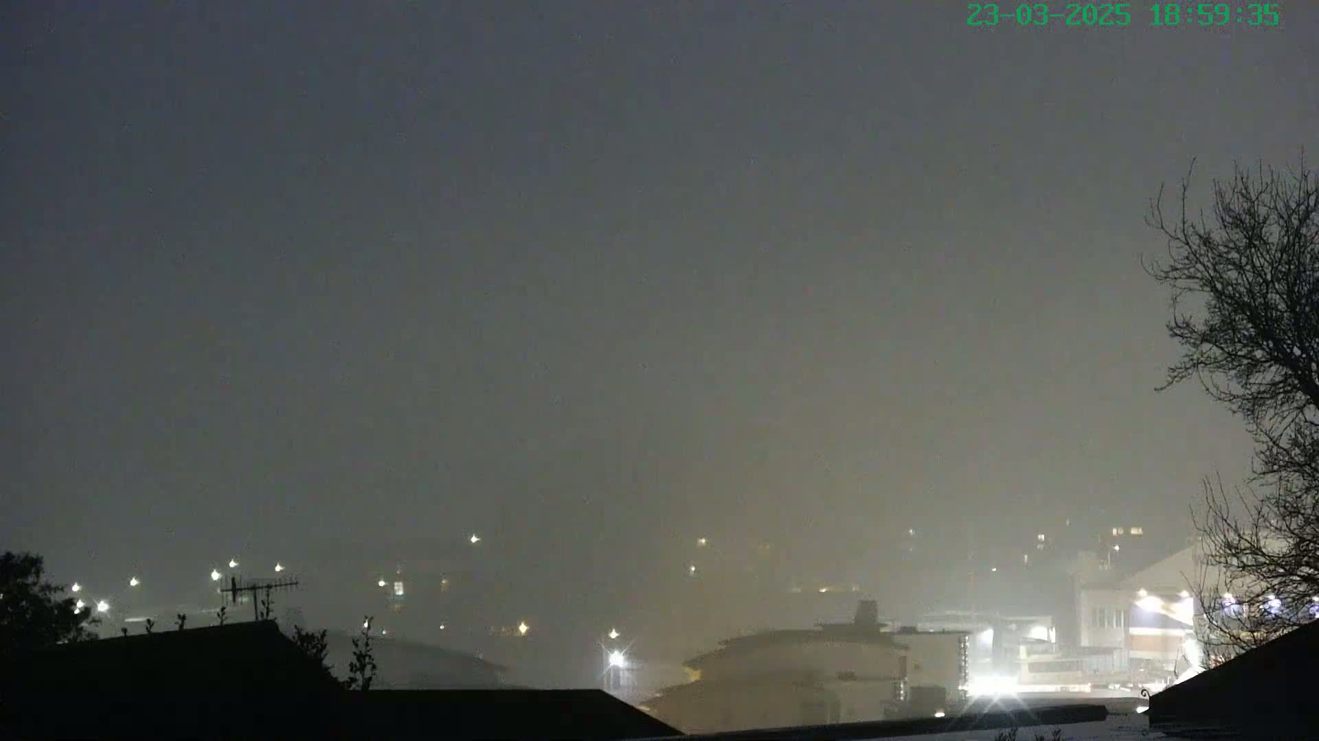 A foggy night scene shows distant lights from a town or city, partially obscured by the fog, with a bare tree silhouetted against the hazy sky.