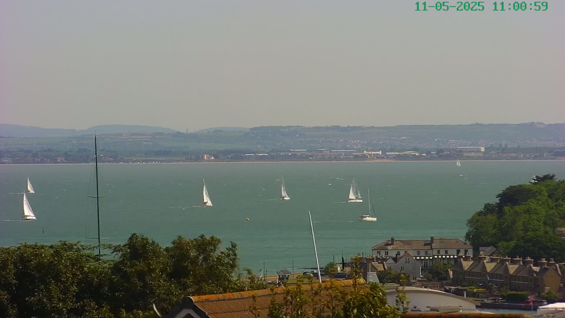 Several sailboats are visible on a calm, hazy day on a body of water, with a distant shoreline and a collection of buildings and trees in the foreground.