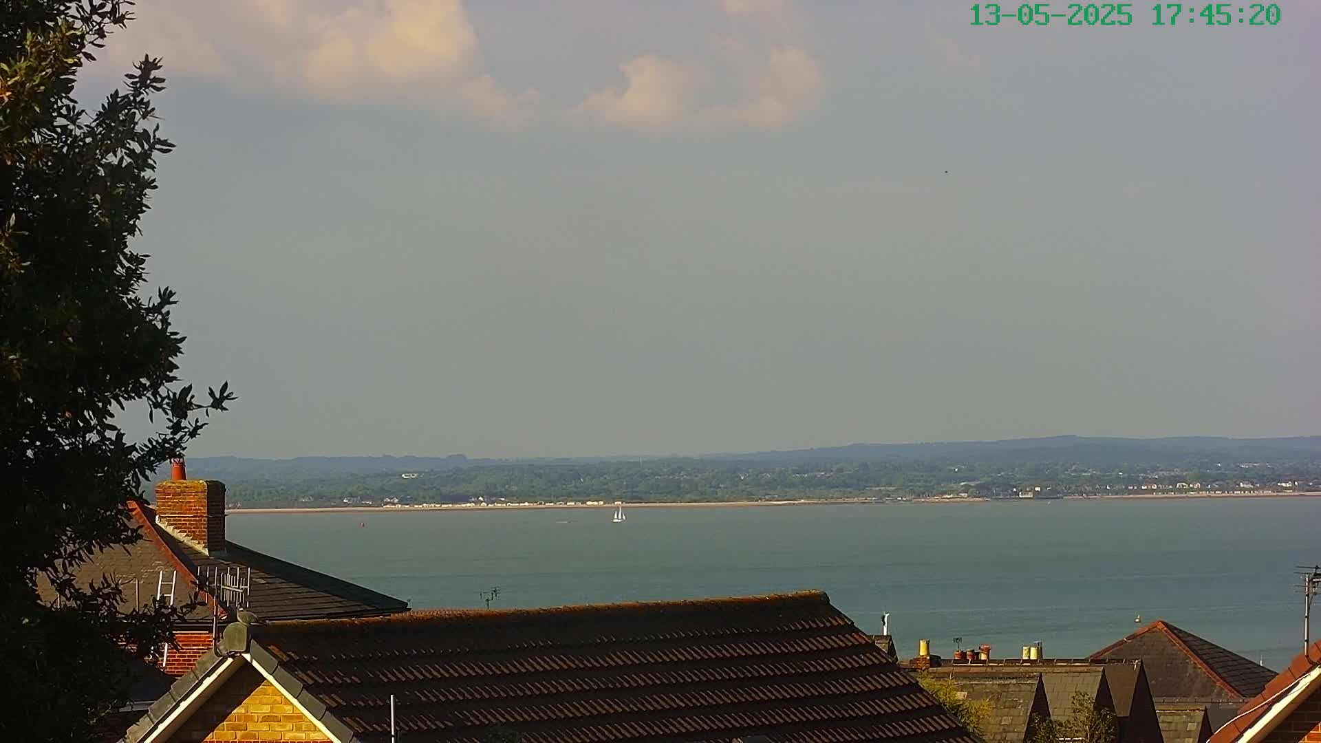 A partly cloudy day reveals a tranquil body of water, with a sailboat in the distance, beyond a line of rooftops and a tree.