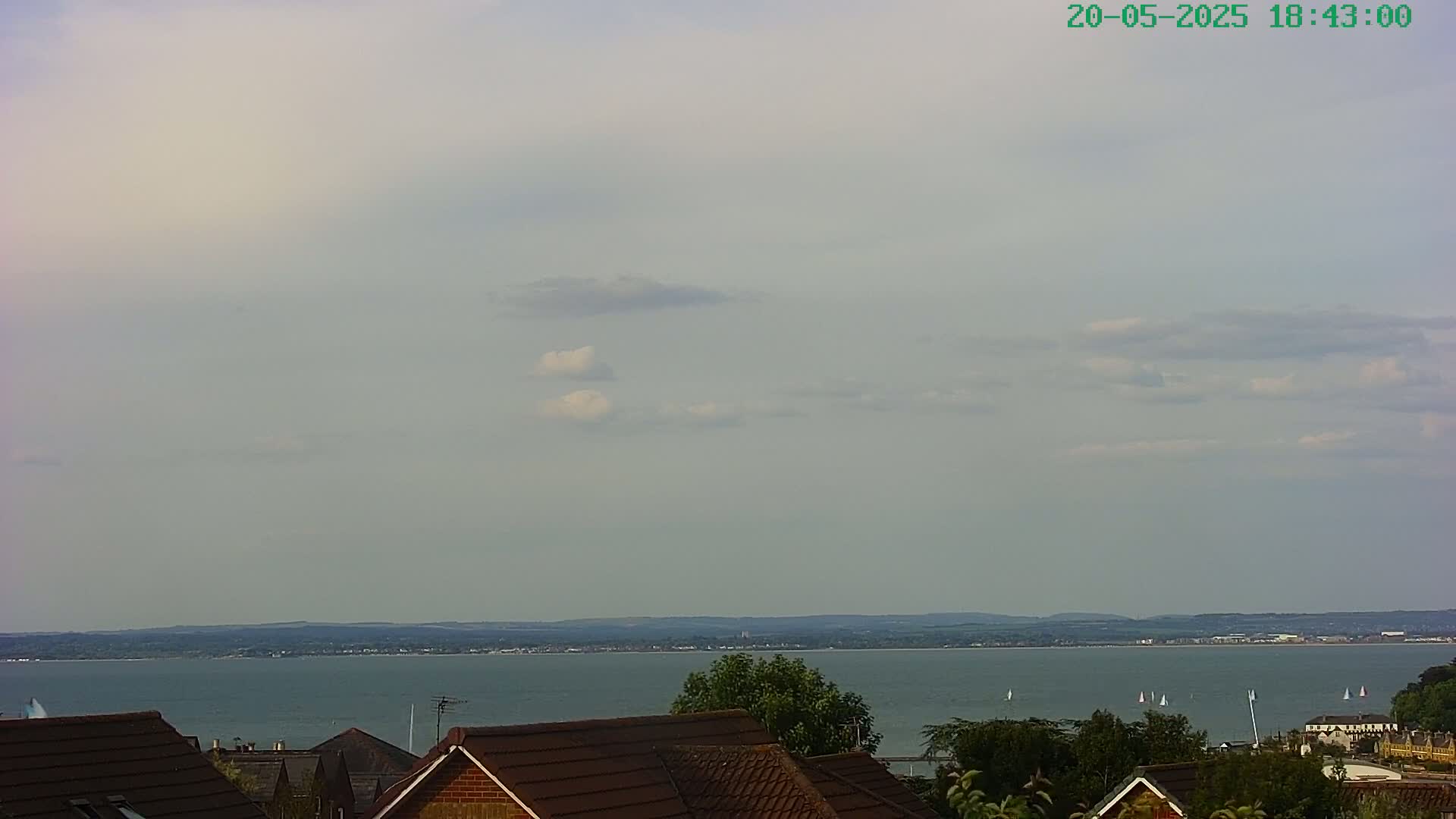 A mostly cloudy sky overlooks a calm body of water with several sailboats and distant land, partially obscured by the tops of houses with brown roofs.