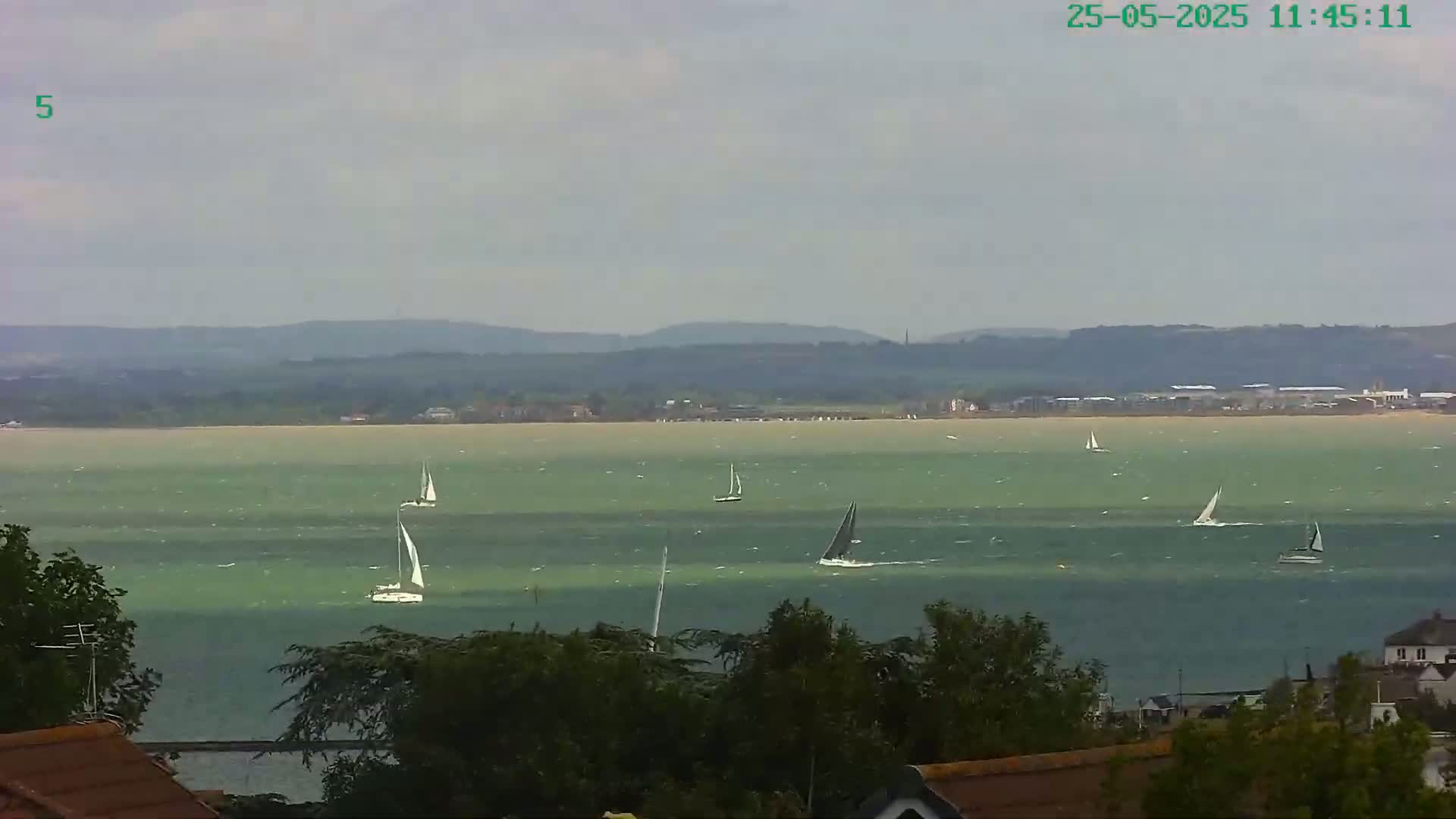 Several sailboats are visible on a choppy, greenish-grey body of water under an overcast sky, with a distant shoreline and hills in the background.