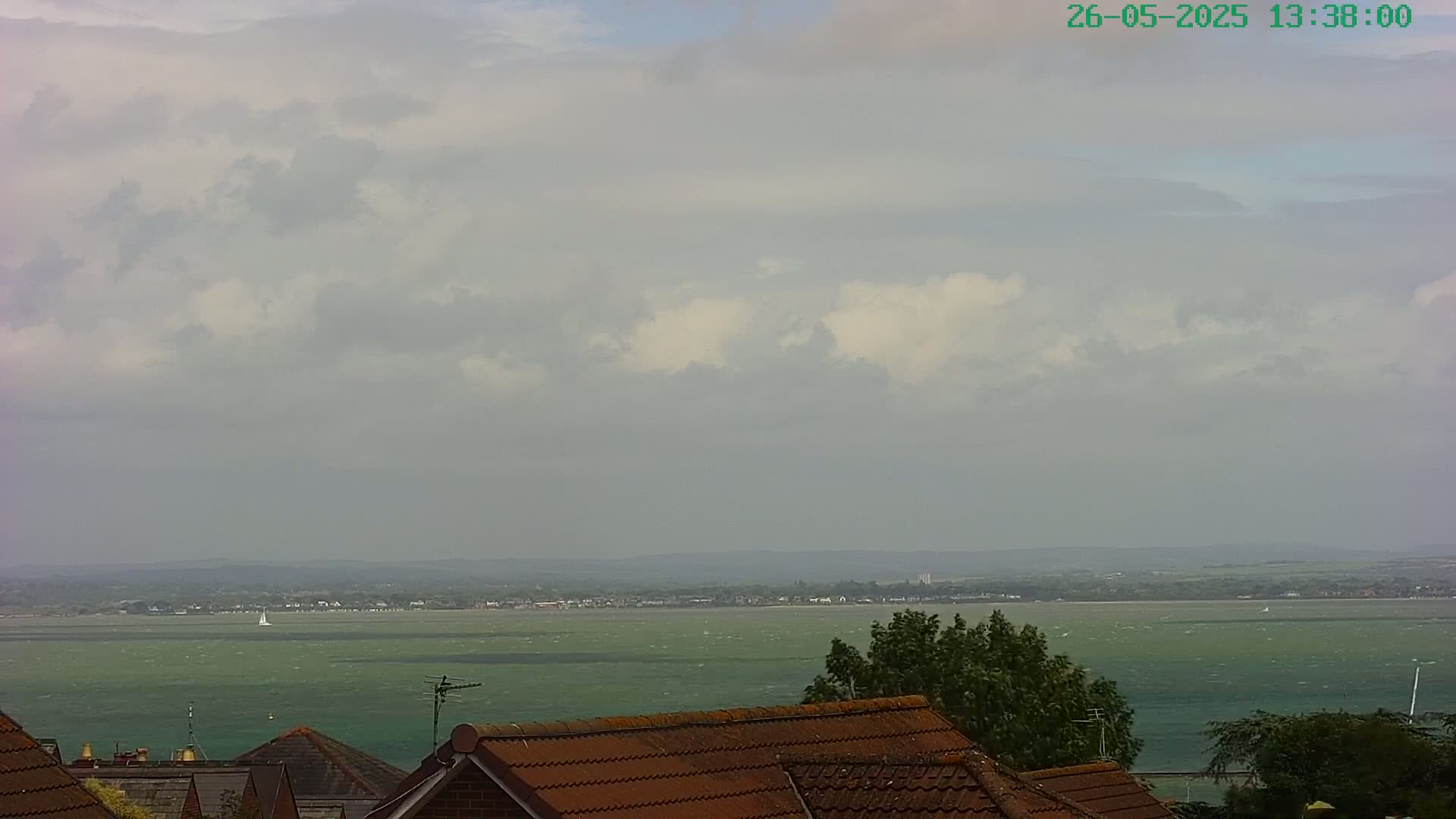 A view from atop houses shows a large body of choppy water under a mostly cloudy sky.