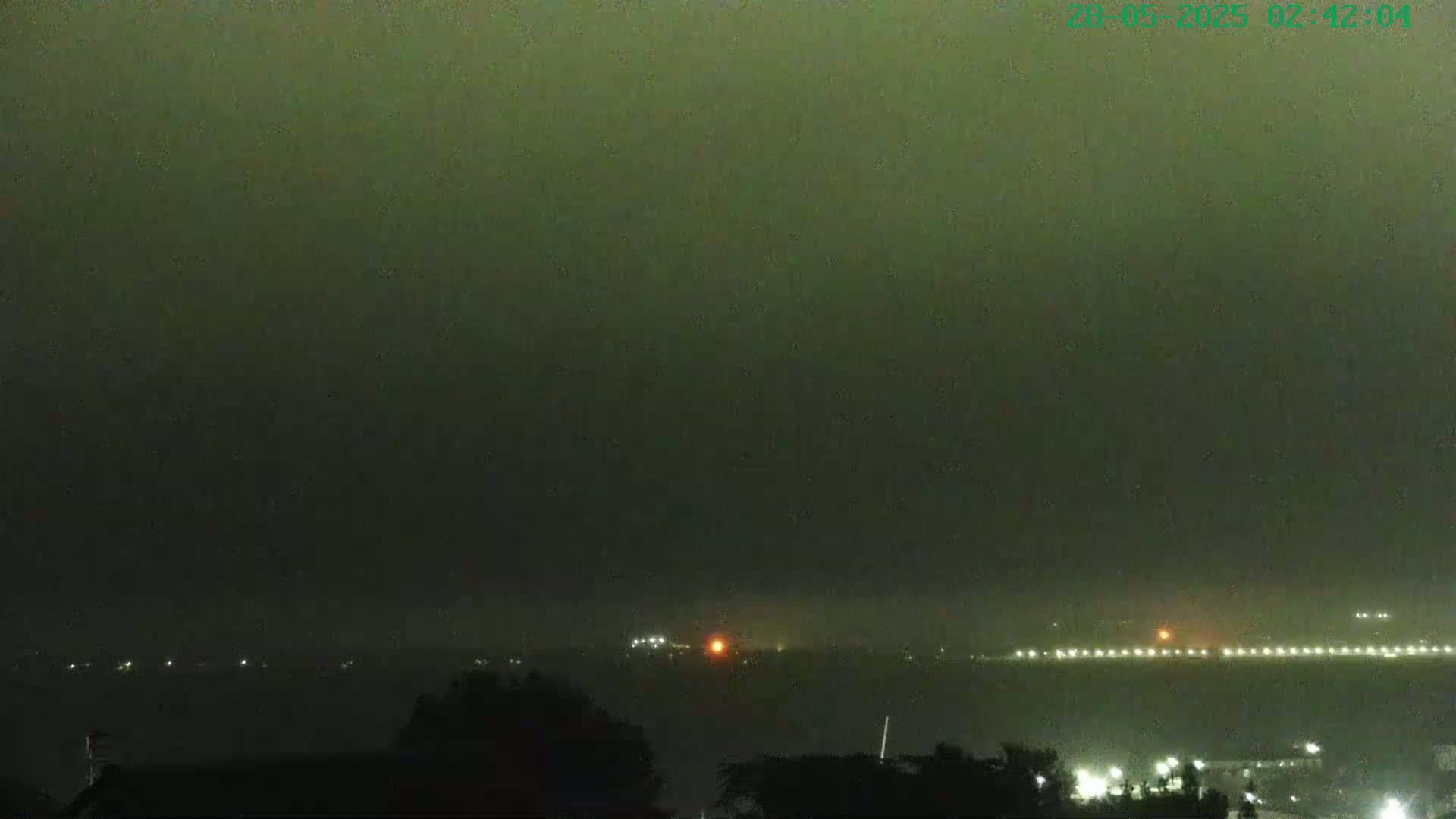 A hazy, dark night scene shows a distant line of lights across a body of water, with dark trees and vegetation in the foreground.
