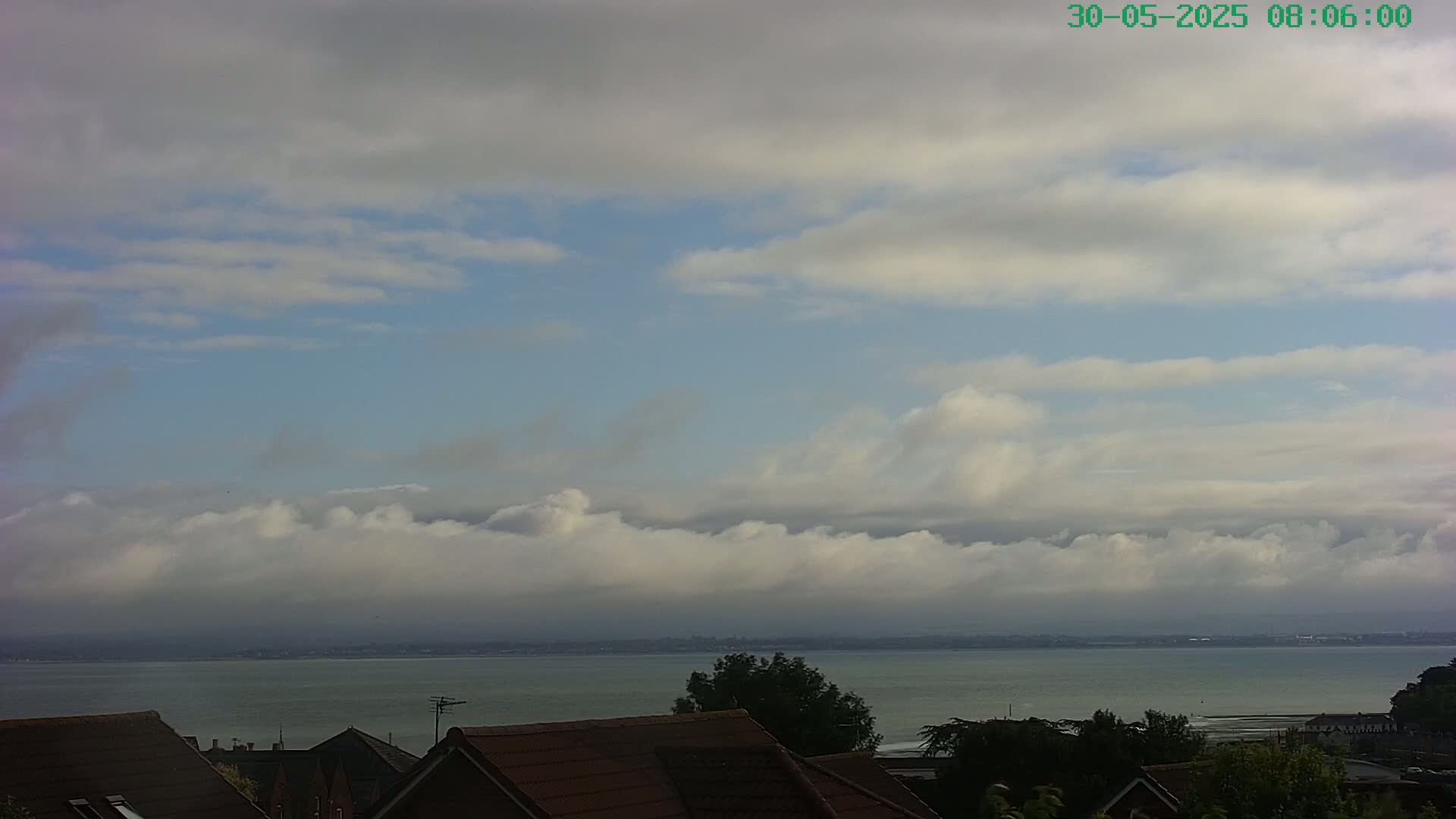 A partly cloudy sky over a calm body of water, with houses visible in the foreground.