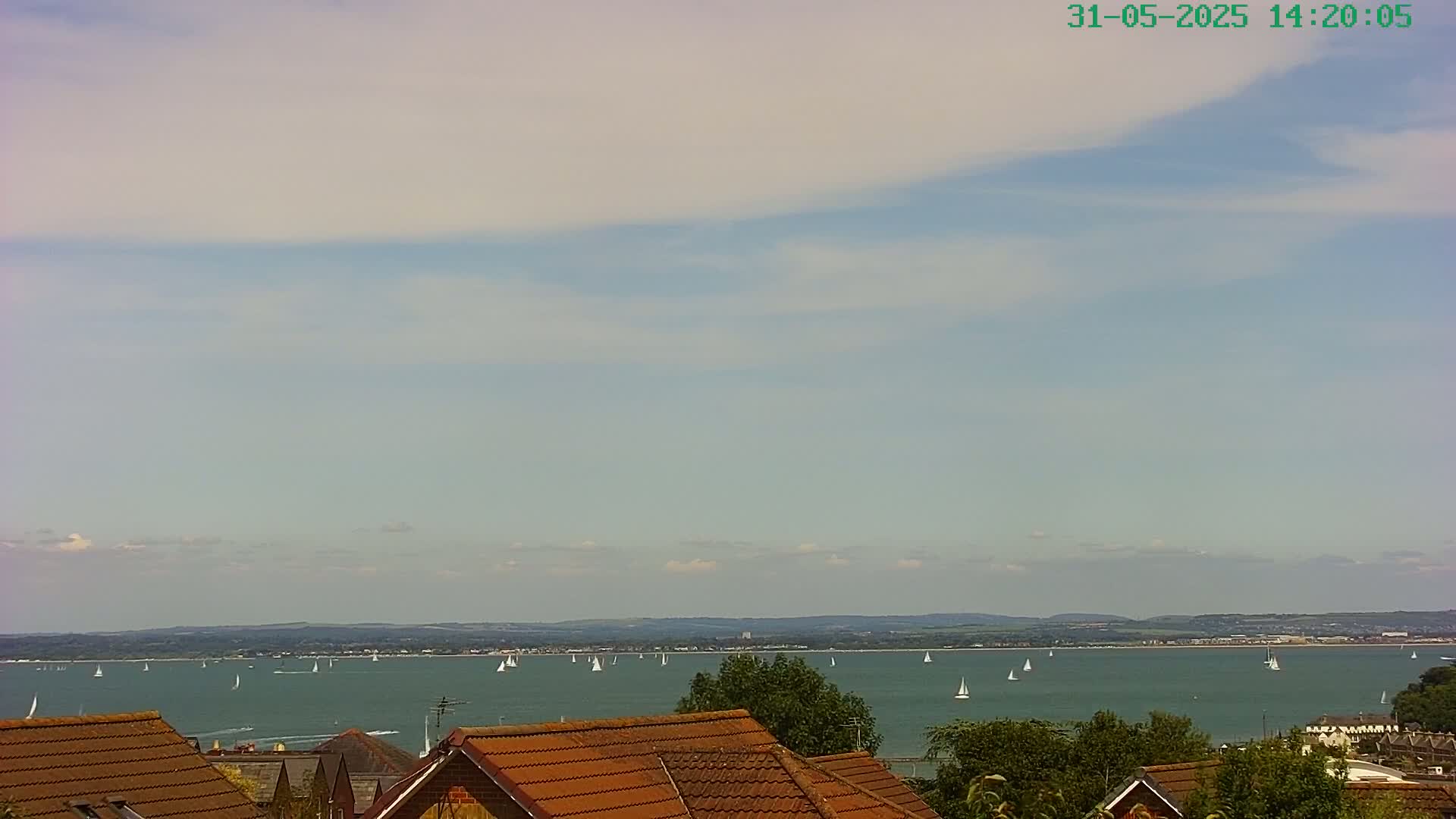 Numerous sailboats dot a calm, light-blue body of water extending to a distant shoreline under a mostly clear sky with thin, wispy clouds.