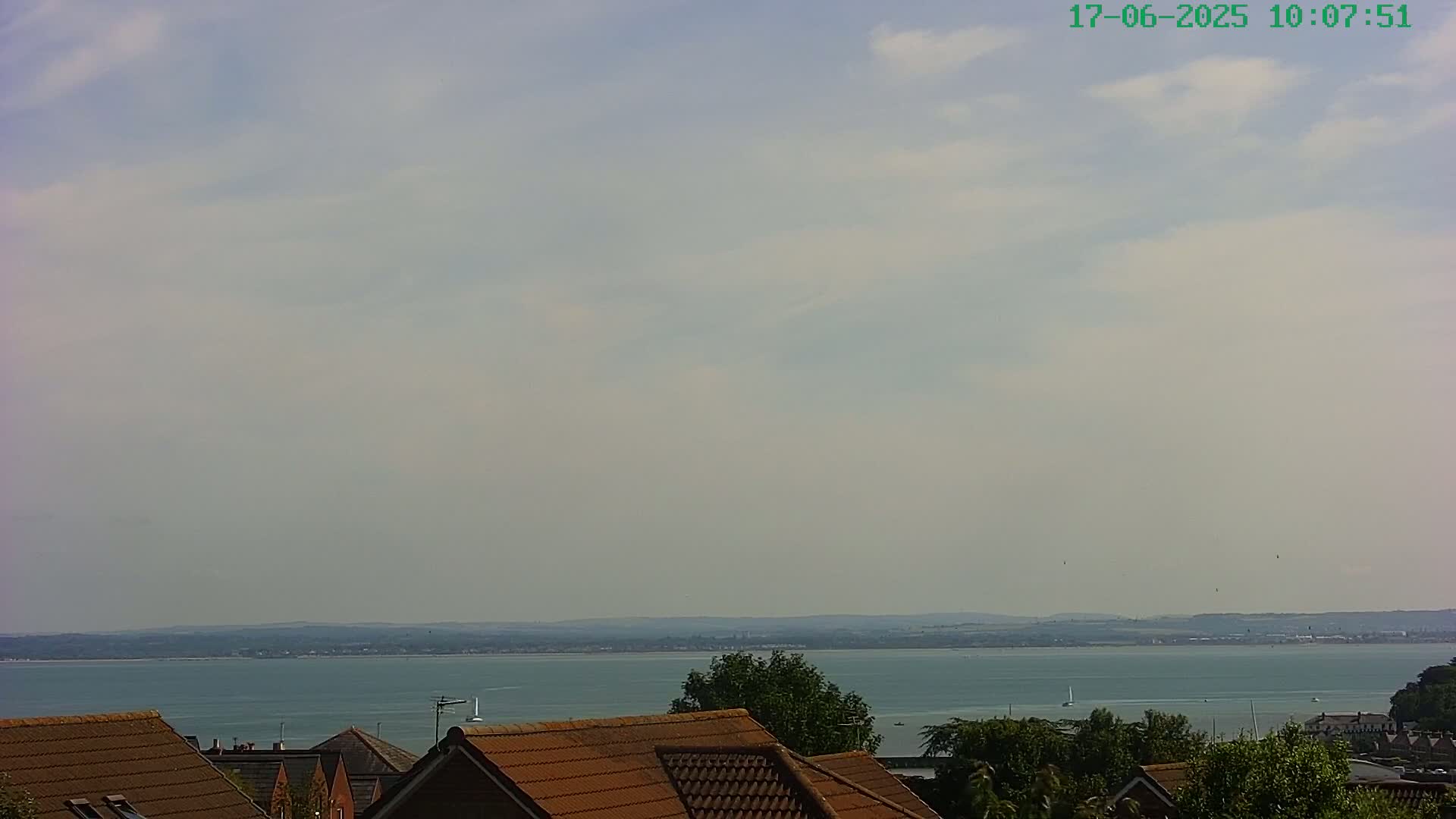 A calm, lightly cloudy day overlooks a broad expanse of water with a distant shoreline, partially obscured by the rooftops of houses in the foreground.