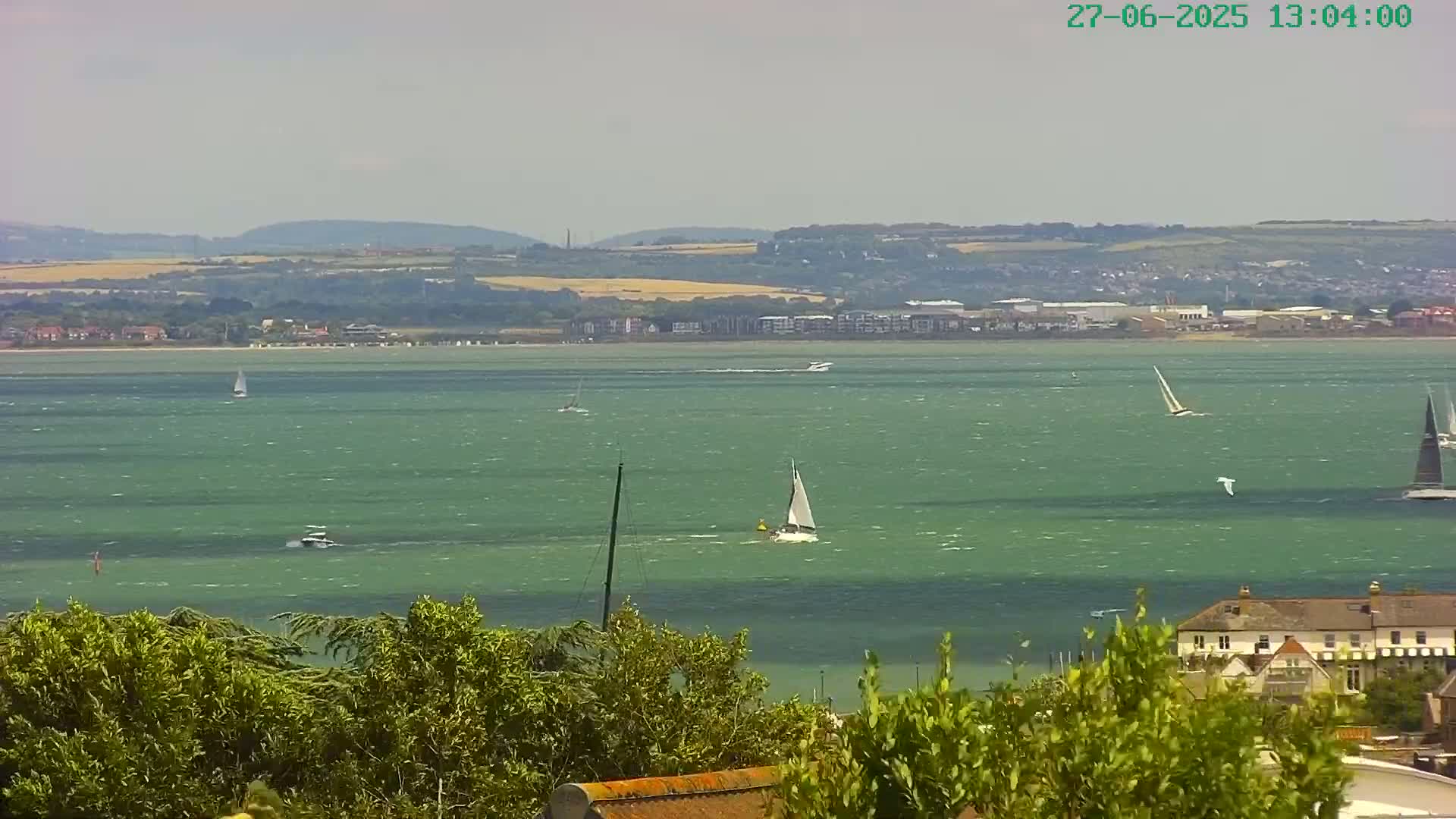 A breezy, sunny day shows a wide expanse of green water with several sailboats, viewed from an elevated position overlooking lush green trees and distant buildings.