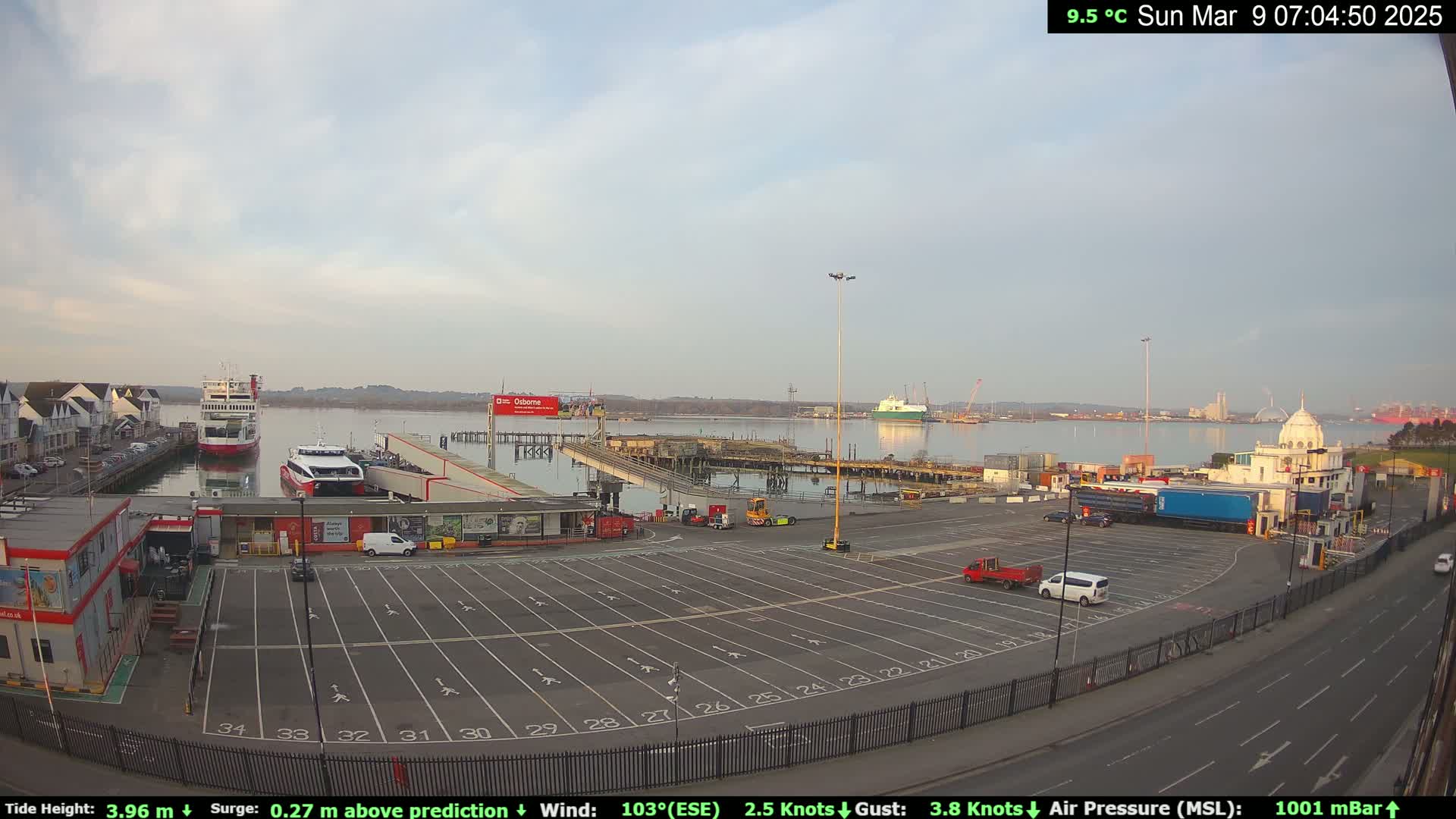 A mostly sunny harbor scene shows a ferry terminal with an empty parking lot, several docked ships, and calm water.
