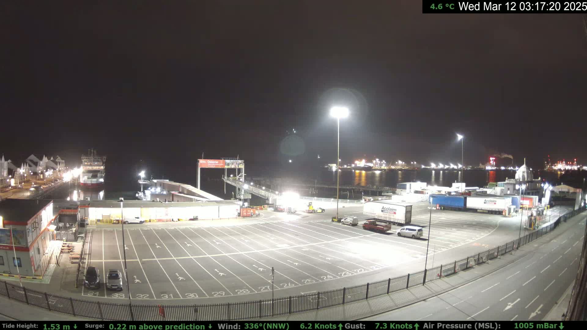 A nighttime view of a ferry terminal with a large empty parking lot, several trucks, and a ferry docked, under a dark sky.