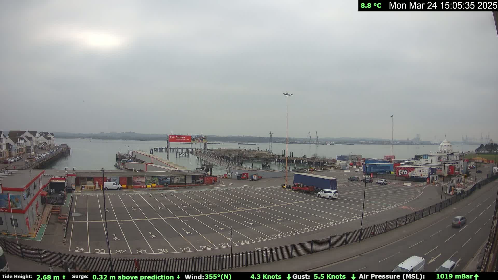 An overcast day shows a ferry terminal with a mostly empty parking lot, a body of water, and buildings in the distance.
