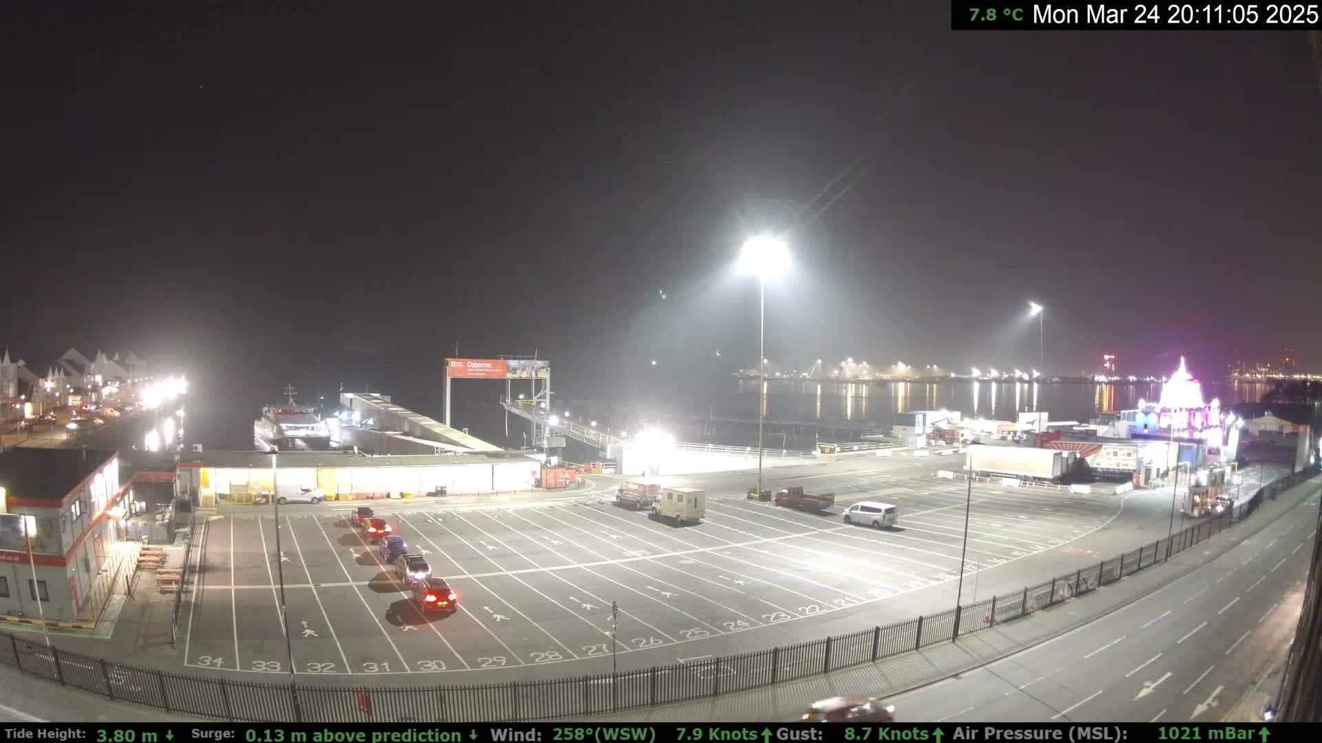 A nighttime view of a ferry terminal parking lot with several cars and trucks, under clear skies and illuminated by bright lights, overlooking a calm body of water.