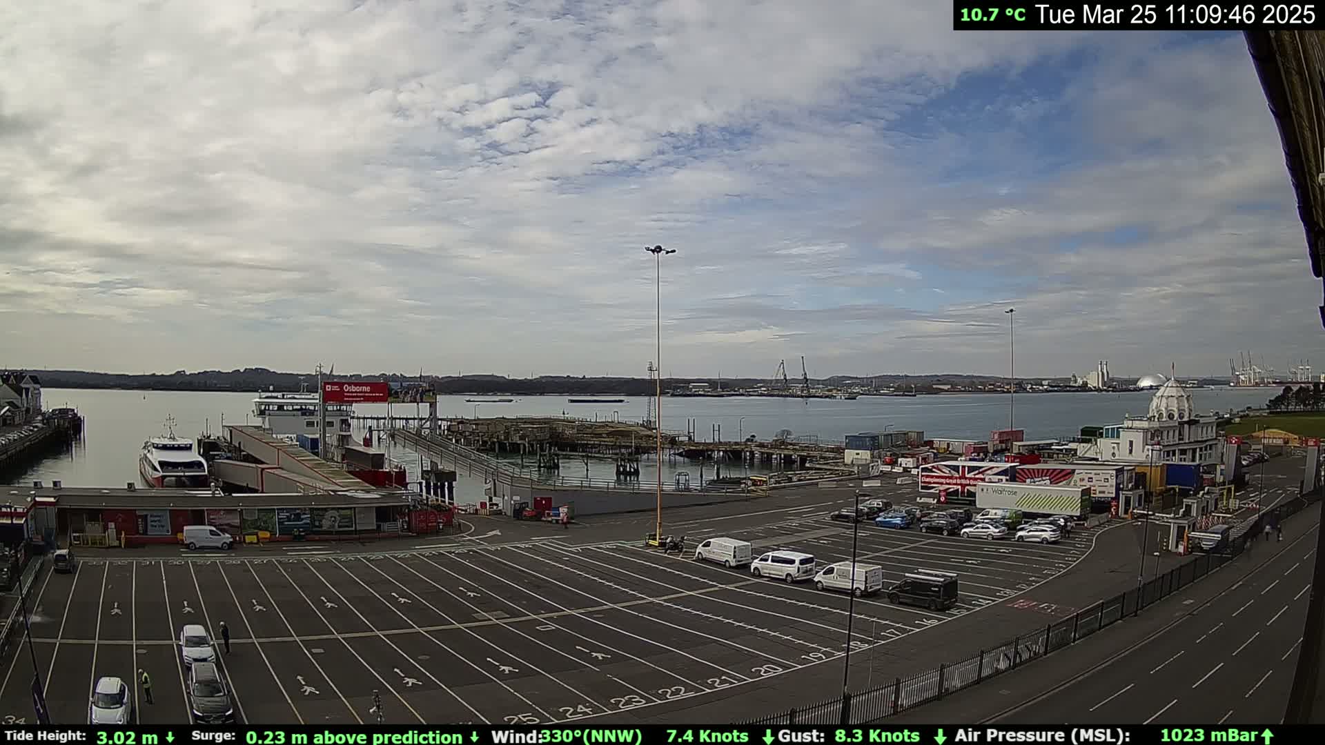 A ferry terminal with a mostly empty parking lot overlooks a calm body of water under a partly cloudy sky.