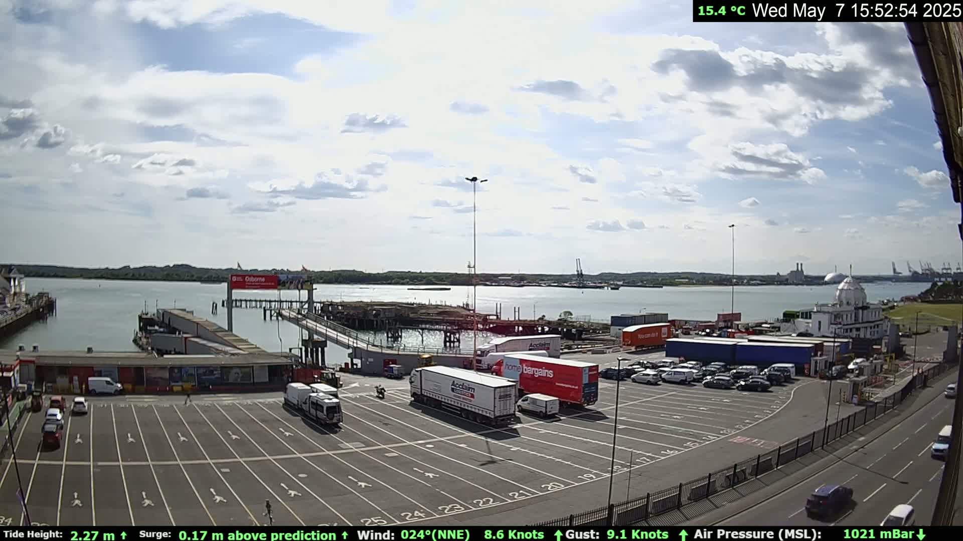 A partly cloudy day shows a ferry terminal with numerous parked cars and large delivery trucks; a body of water is visible in the background.