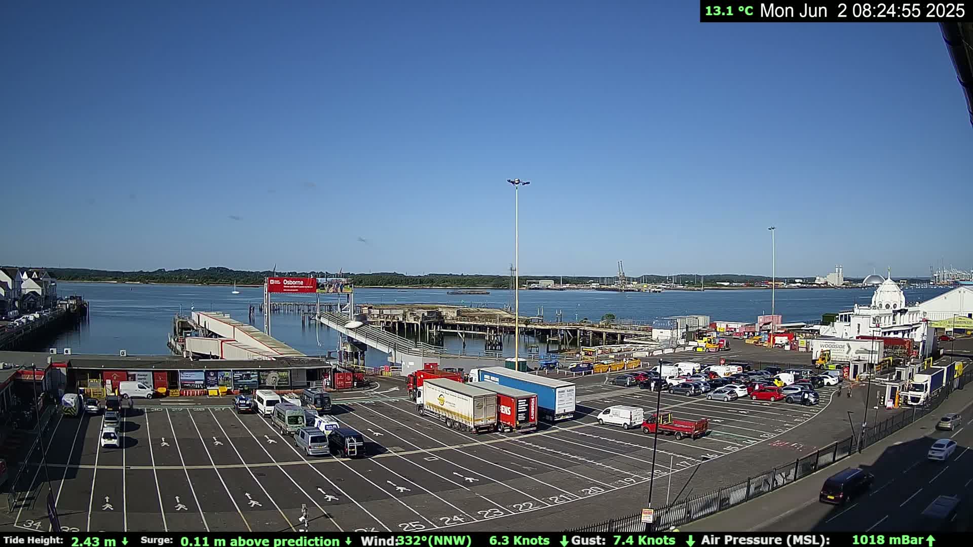 A sunny harbor scene shows a ferry terminal with numerous cars and trucks parked in a large lot, along with a body of water and distant buildings under a clear blue sky.