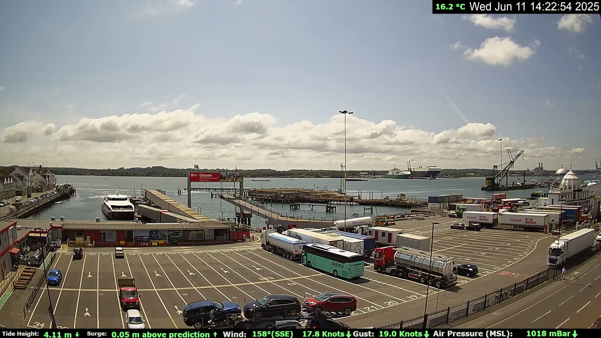 A ferry is docked at a terminal with numerous vehicles in a parking lot, under a partly cloudy sky.
