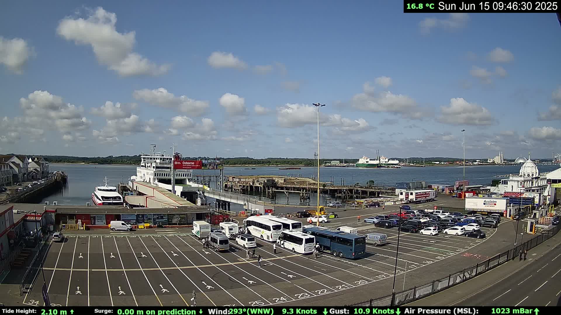 A ferry is docked at a terminal with numerous cars and buses in a parking lot, under a partly cloudy sky.